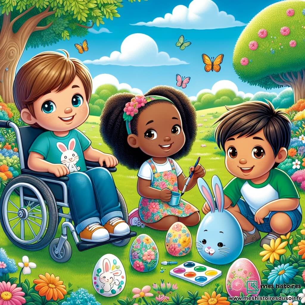 Dans un jardin ensoleillé, Petit Pierre, un garçon de 8 ans en fauteuil roulant, sourit. Il a des cheveux bruns et porte un t-shirt bleu avec un dessin de lapin. À côté de lui, Léa, une fille de 7 ans avec des cheveux blonds et des couettes, peint un œuf en bleu, vêtue d'une robe à fleurs colorées. Tom, un garçon de 6 ans avec des cheveux châtains et un t-shirt vert, dessine un lapin sur un œuf à ses pieds. Le jardin est rempli de fleurs colorées, avec des buissons verts et un grand arbre en arrière-plan. Le ciel est bleu avec quelques nuages blancs et des papillons volent autour des enfants. Les trois amis décorent des œufs de Pâques, riant et échangeant des idées.