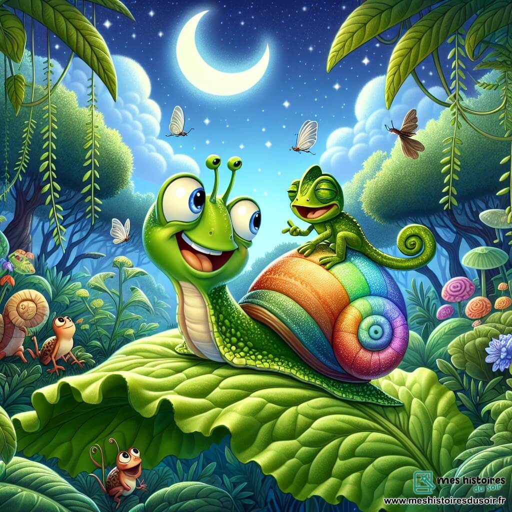Un petit escargot nommé Gustave, avec une coquille colorée qui brille comme un arc-en-ciel, sourit d'excitation sur une feuille de laitue verte, prêt à explorer. À ses côtés, Camille, un caméléon espiègle aux couleurs changeantes, se faufile avec un clin d'œil, prête à l'entraîner dans une aventure. Le décor est une jungle luxuriante, remplie de lianes, de fleurs éclatantes et d'arbres majestueux, éclairée par la lune. Gustave et Camille se préparent à jouer à cache-cache, entourés d'animaux curieux comme des grenouilles et des lucioles, créant une ambiance joyeuse et magique.