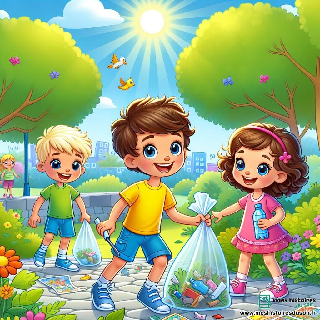 Lucas, un garçon de 6 ans aux cheveux bruns en bataille et sourire rayonnant, ramasse des déchets dans un parc ensoleillé. Il porte un t-shirt jaune et un short bleu, affichant détermination et joie. À ses côtés, Léo, également 6 ans, avec des cheveux blonds, tient un sac en plastique pour y mettre les déchets, souriant complice. Clara, une petite fille de 6 ans aux cheveux bouclés et en robe rose, montre une bouteille en plastique trouvée, excitée. Le parc est verdoyant, avec des fleurs colorées et des oiseaux chantants. Malgré les déchets au sol, les enfants s'activent pour nettoyer, transformant l'espace en un lieu accueillant. Ils travaillent ensemble, riant et s'encourageant, pour aider les oiseaux et embellir leur environnement.