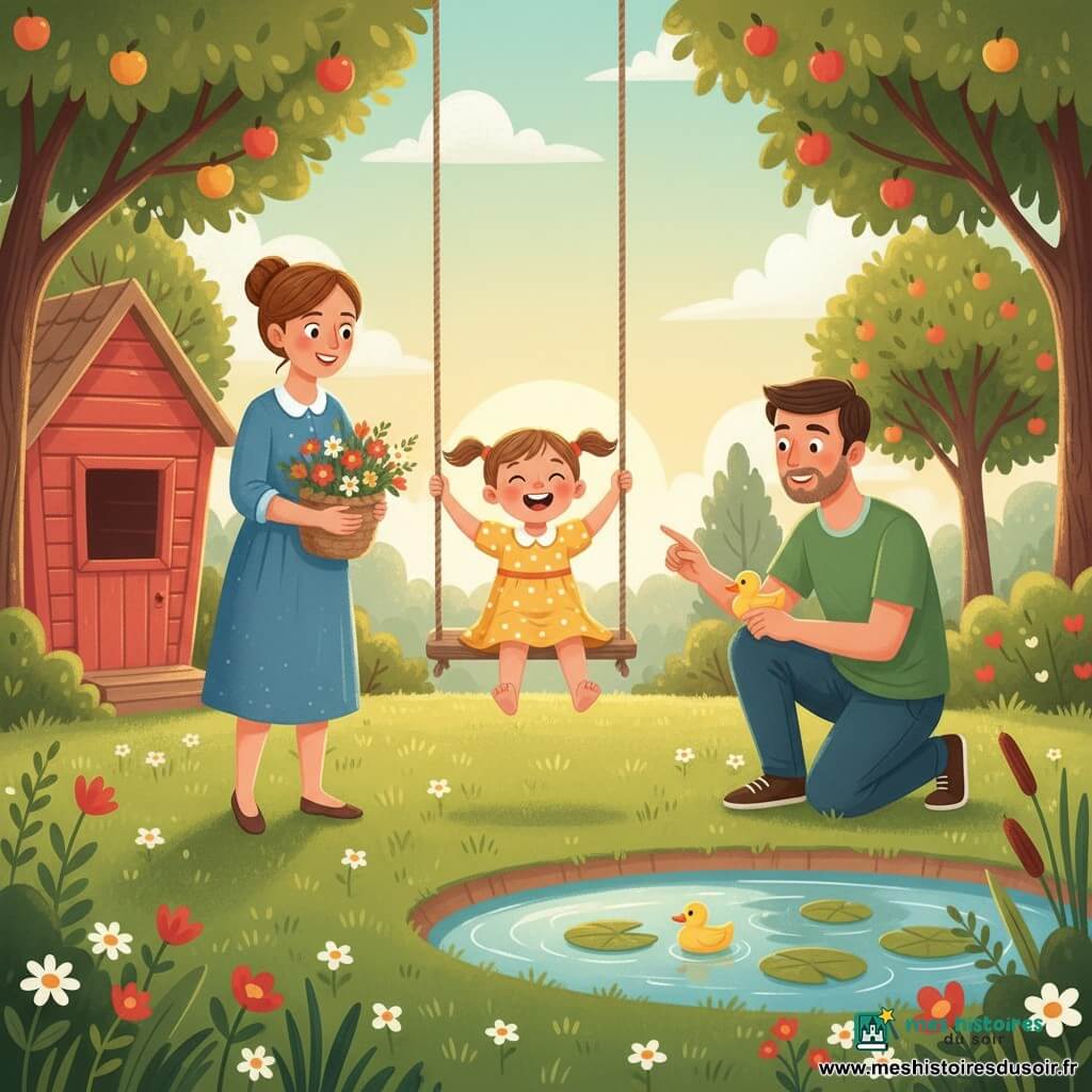 Fillette de 4 ans joyeuse, cheveux châtain clair en couettes, robe jaune à pois blancs, pieds nus sur une balançoire en corde au premier plan ; mère souriante (30–35 ans) cheveux bruns attachés en robe bleue tenant un panier de fleurs près d'une cabane en bois rouge à gauche ; père attentif (30–35 ans) barbu léger en tee-shirt vert accroupi à droite près d'un petit étang montrant un canard en plastique ; jardin de campagne lumineux et coloré avec herbe verte, fleurs sauvages rouges et blanches, nénuphars sur l'étang, arbres fruitiers en arrière-plan, ciel clair avec quelques nuages et lumière chaude de fin d'après-midi, composition simple, couleurs vives et formes arrondies adaptées aux jeunes enfants.