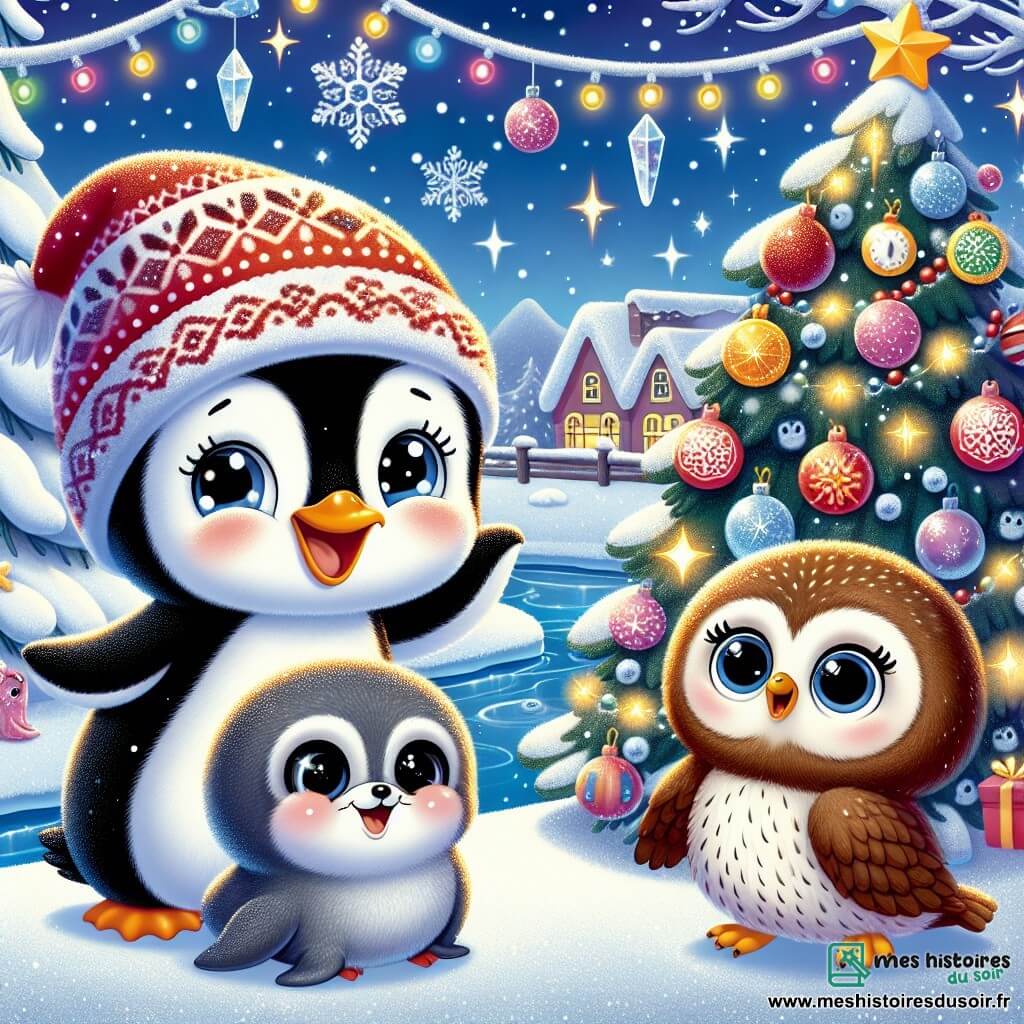 Un petit pingouin nommé Pipo, avec un pelage noir et blanc et un chapeau rouge, chante joyeusement sous un sapin de Noël scintillant. À ses côtés, Lili le phoque danse sur la glace, tandis que Titi le hibou les observe avec émerveillement. La scène se déroule dans un village enneigé, où la neige brille sous les étoiles. Pipo, Lili et Titi célèbrent la magie de Noël en chantant, entourés de leurs amis animaux, créant une ambiance festive et chaleureuse.