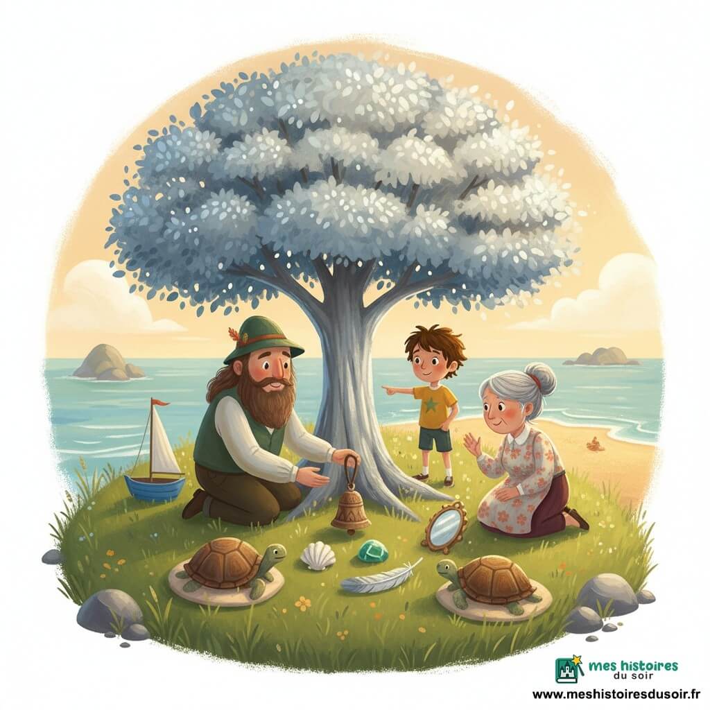 Marc, visage rond, longue barbe douce et chapeau vert, pose une petite clochette en bois au pied d’un grand arbre aux feuilles argentées; à côté, Léo, garçon de 7 ans aux cheveux bruns en bataille, tient la voile d’un petit bateau bleu et montre la plage du doigt; une grand-mère aux cheveux gris en chignon et robe à fleurs s’agenouille pour toucher une pierre verte brillante; deux tortues au dos brun-ocre reposent sur le sable; ils forment un cercle d’objets (coquillage blanc, plume argentée, miroir ancien, pierre verte, clochette) sur une île herbeuse au milieu d’un archipel, plage de sable doré, lumière de fin d’après-midi, ambiance douce et chaleureuse.