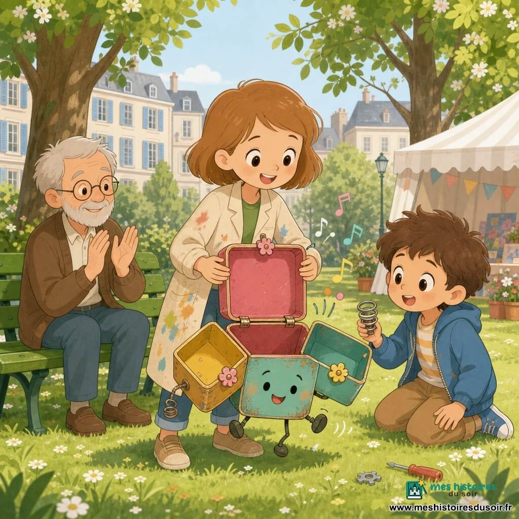 Lina, jeune inventrice souriante aux cheveux châtain clair au-dessus des épaules, porte une blouse beige tachée de peinture et présente une valise cabossée qui s'ouvre en trois parties colorées fermées par des clips en forme de fleurs et « chante » en se démontrant comme une petite danse mécanique ; un garçon d'environ 7 ans aux cheveux bruns touffus, yeux émerveillés, tient un petit ressort trouvé sur le gazon près d'un banc ; monsieur Paul, un homme d'environ 70 ans aux cheveux gris, petite barbe et lunettes rondes, est assis sur un banc vert et applaudit doucement ; la scène se déroule dans un parc ensoleillé avec de grands marronniers, bancs vert pomme, une tente d'exposition blanche à rayures, pelouse verte et immeubles aux volets bleus, ambiance chaleureuse et collaborative.