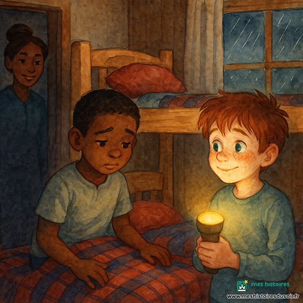 Martin, 10 ans, cheveux châtain clair en bataille, taches de rousseur, yeux verts, l'air soulagé et timide, tient une lampe de poche et regarde doucement son ami Hugo, 10 ans, cheveux noirs courts, contrit mais courageux, assis au bord du lit et posant une main rassurante sur la couverture ; Madame Dupont, enseignante d'environ 35 ans, silhouette floue dans l'encadrement de la porte, sourit bienveillante depuis l'ombre du couloir ; le dortoir d'auberge en pin clair, lits superposés et couvertures à carreaux froissées, fenêtre embuée par la pluie, crée une ambiance nocturne chaude et intime, lumière jaune de la lampe formant ombres douces : moment de confession apaisé et sincère où Martin se libère et Hugo, baissant les yeux, se prépare à dire la vérité.