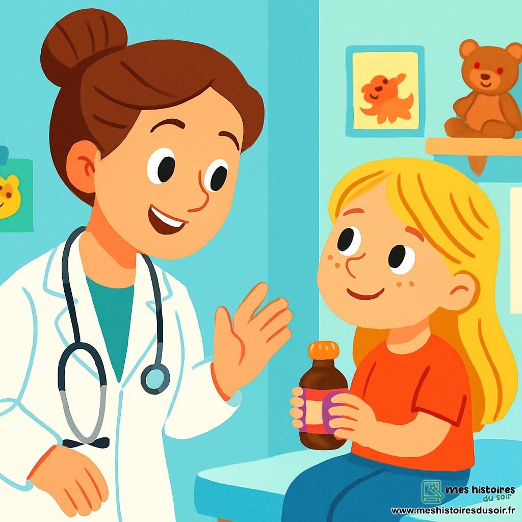 Une docteure, Dr. Lila, souriante avec des cheveux châtains en chignon, porte une blouse blanche et un stéthoscope. Elle regarde avec bienveillance une petite fille, Mia, environ 6 ans, aux longs cheveux blonds et taches de rousseur, assise sur une table d'examen avec un flacon de sirop. La scène se déroule dans une salle d'hôpital lumineuse aux murs bleu pastel, ornée de dessins d'animaux et de jouets en peluche. Dr. Lila explique à Mia que le sirop est comme un bonbon, et Mia se prépare à le goûter dans une atmosphère chaleureuse et rassurante.