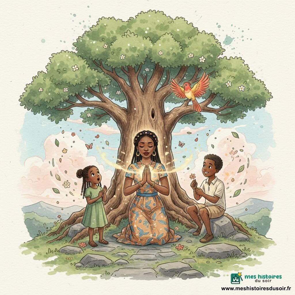 Adama agenouillée devant un grand arbre ancien, visage serein, peau foncée, cheveux nattés en couronne, robe ocre et bleue, mains jointes d'où émane une douce lueur dorée ; à sa gauche une fillette d'environ 7 ans en robe verte, émerveillée par la lumière, à sa droite un garçon d'environ 9 ans accroupi sur une pierre, souriant et tenant une petite fleur ; un oiseau rouge et jaune posé sur une branche proche, papillons et pétales tourbillonnant autour, le tout au sommet d'une montagne sacrée sur sol de pierres et mousse, ciel pâle avec nuages roses et panorama de collines floues, l'arbre au tronc craquelé et racines apparentes baigné d'une lumière douce, atmosphère paisible et magique aux couleurs chaudes et textures aquarelle, composition centrée sur Adama avec espace dégagé autour.
