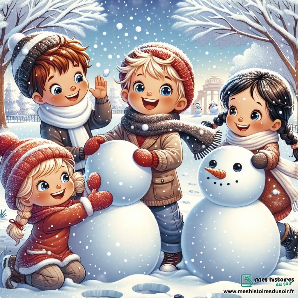 Dans un parc hivernal, quatre enfants s'amusent. Lucas, 8 ans, roule une boule de neige. À sa droite, Emma, 7 ans, rit sous les flocons. À gauche, Chloé, 8 ans, met une écharpe sur le bonhomme de neige qu'ils ont construit. Nathan, 9 ans, observe des traces d'animaux dans la neige. Le parc est couvert de neige brillante, avec des arbres chargés de flocons. Le ciel est bleu clair avec des nuages blancs, et le soleil brille doucement. Les enfants jouent ensemble tandis qu'un petit renard les observe depuis un buisson, ajoutant une touche de magie à cette journée d'hiver.