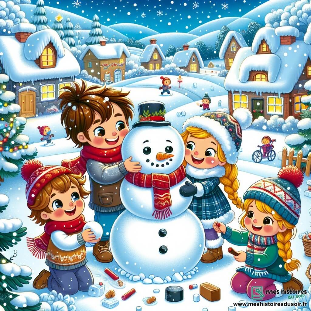 Dans un paysage hivernal féérique, quatre enfants se rassemblent autour d'un bonhomme de neige. Paul roule une boule de neige pour le corps, Clara ajoute des boutons en charbon en riant, Lucas tient une carotte pour le nez, et Emma, en fauteuil roulant, dessine des flocons de neige. Le décor est un village enneigé avec des maisons aux toits blancs, des sapins décorés et un ciel bleu clair. Les enfants s'amusent à créer leur bonhomme de neige, partageant des moments de joie dans la magie de l'hiver.