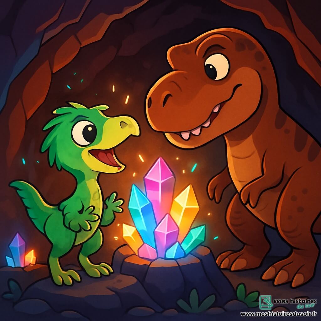 Un jeune vélociraptor nommé Raph, avec un plumage vert et des yeux curieux, se tient au sommet d'un volcan, émerveillé par des cristaux magiques scintillants dans une grotte. À proximité, un tyrannosaure rex imposant, avec une peau brune, l'observe avec intérêt, créant une atmosphère de respect. La grotte est remplie de cristaux colorés qui projettent des reflets sur les parois, tandis que le sol est couvert de pierres volcaniques et de petites plantes. Raph, fasciné par les cristaux, s'approche du tyrannosaure, illustrant un moment d'amitié et de curiosité entre deux espèces de dinosaures.