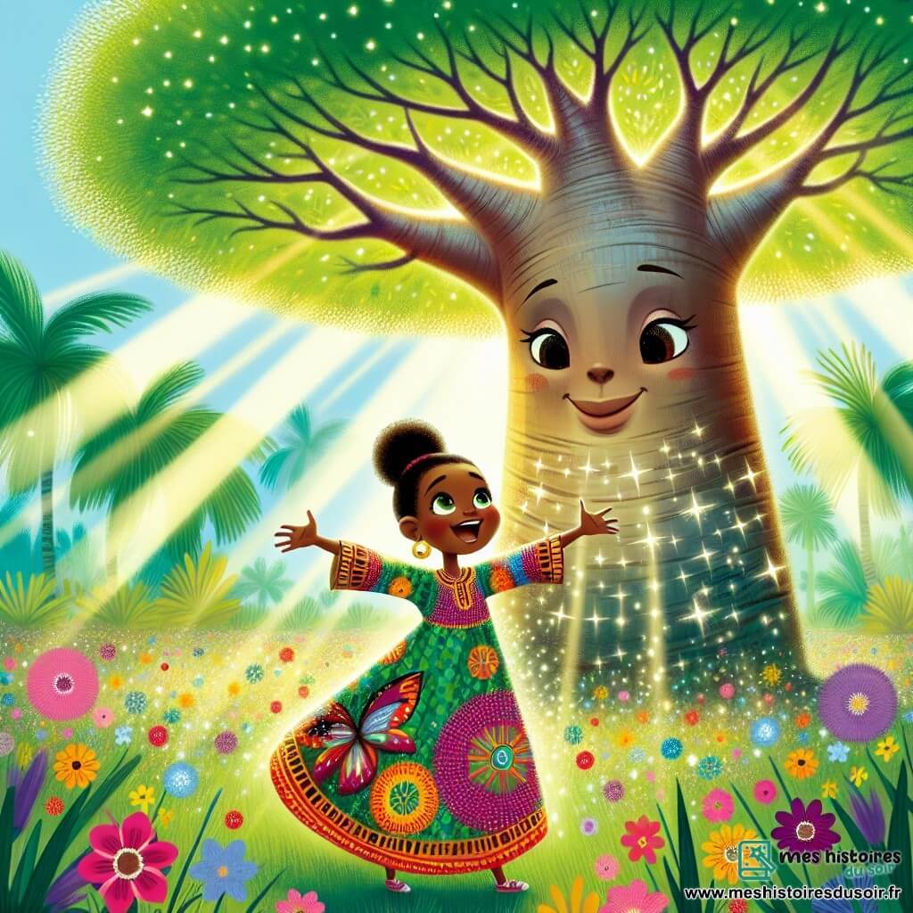 Amani, une jeune fille d'environ 10 ans, a des yeux brillants et un sourire éclatant. Elle porte une robe colorée en tissu africain avec des motifs floraux, se tenant devant un grand baobab, les bras ouverts, rayonnante de joie. Le baobab majestueux, avec son tronc épais et ses branches étendues, semble lui parler avec bienveillance. Des éclats de lumière filtrent à travers les feuilles, illuminant le sol parsemé de fleurs multicolores. Amani écoute attentivement le baobab, qui lui révèle un secret sur la pierre des ancêtres, tandis que des oiseaux colorés volent autour d'eux, créant une scène enchantée.