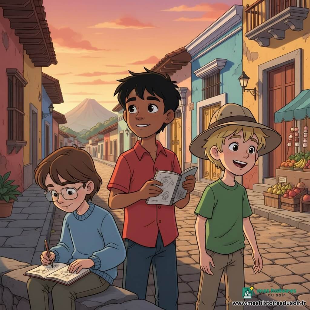Trois garçons dans une rue pavée colorée rappelant Antigua Guatemala au coucher du soleil : Tomás (≈9 ans, cheveux noirs courts, peau mate, chemise rouge) tient un carnet de dessin ouvert au centre gauche, Léo (≈8 ans, cheveux blonds en bataille, chapeau d'explorateur beige, T‑shirt vert) rit en se tournant vers Tomás à sa droite, et Pablo (≈9 ans, cheveux bruns lisses, lunettes fines, pull bleu clair) est assis sur un muret au premier plan gauche en train de dessiner une porte jaune; arrière-plan : maisons aux façades jaunes, bleues et rouges, grande porte jaune ornée de ferronnerie, fontaine en pierre, volcans au loin, étals de fruits et stand de chamallows; ambiance chaleureuse et douce, lumière dorée projetant de longues ombres, expressions joyeuses, style dessin animé années 90 aux couleurs saturées et contours fins, détails nets (textures des pierres, pages du carnet, bracelet tressé).