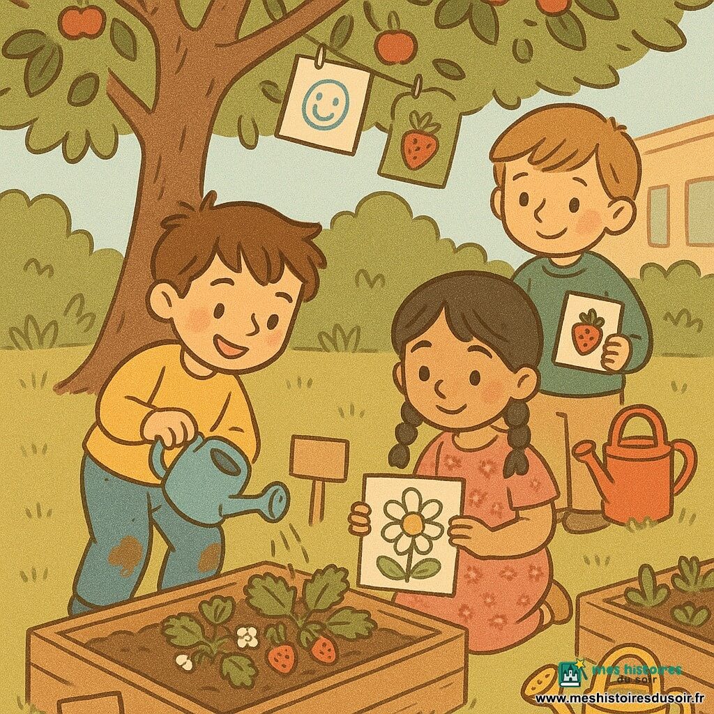 Trois enfants d’environ 6 ans dans un jardin partagé d’école sous un cerisier : un garçon souriant aux cheveux bruns en bataille, pull jaune et jean, arrose des fraisiers avec un petit arrosoir bleu ; Leïla, calme, cheveux noirs en nattes et robe à fleurs, montre son dessin d’une marguerite ; Mathis, timide mais content, cheveux châtains clairs et sweat vert, tient un arrosoir rouge et un carnet avec une fraise dessinée ; bacs en bois, terre sombre, pancartes manuscrites et dessins d’enfants accrochés créent une ambiance chaleureuse et lumineuse centrée sur leur cercle d’amitié.