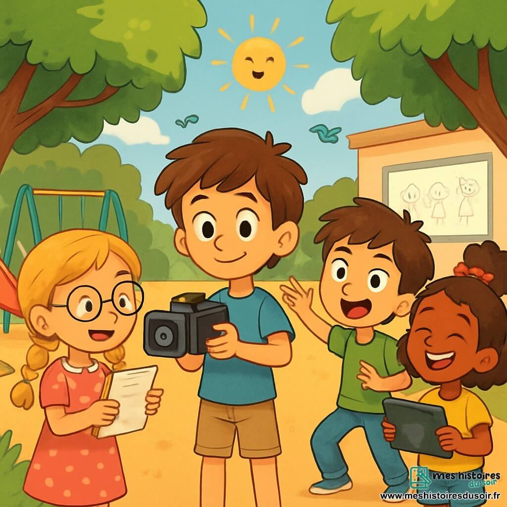 Quatre enfants sont réunis : Lucas, un garçon de 10 ans avec des cheveux châtains en désordre, un t-shirt bleu et un short beige, tient un appareil photo au centre. Sarah, 9 ans, avec des cheveux blonds tressés et des lunettes rondes, porte une robe rose à pois et montre son scénario à Lucas. Tom, 10 ans, avec des cheveux bruns en bataille et un t-shirt vert, mime un personnage à droite de Lucas. Mia, 9 ans, avec des cheveux bruns bouclés et un chouchou rouge, porte un t-shirt jaune et un short en jean, riant et tenant une tablette. La scène se déroule dans une cour d'école ensoleillée avec des arbres, des jeux colorés en arrière-plan et un tableau blanc décoré de dessins d'enfants. Les enfants tournent un film sur l'utilisation équilibrée des écrans, s'amusant sous le soleil et au son des oiseaux.