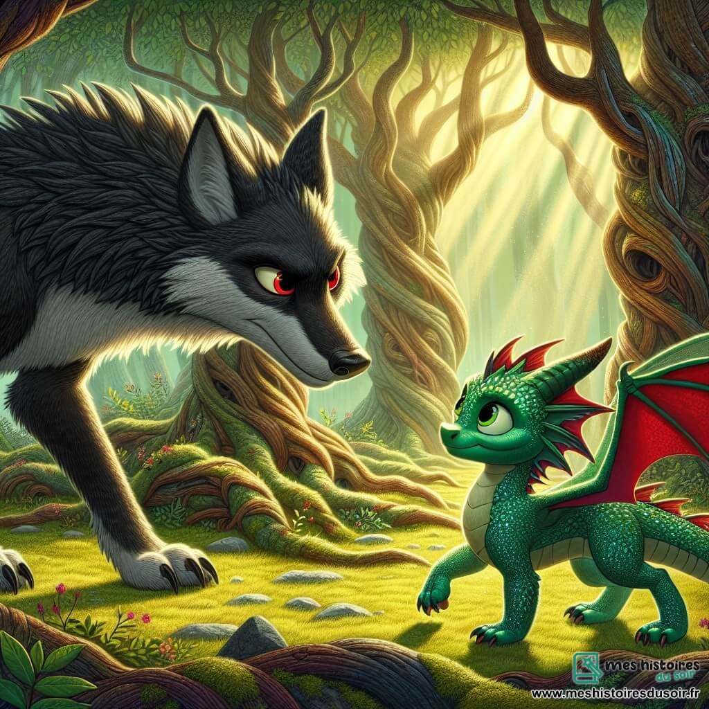 Dans une forêt enchantée, un grand loup à la fourrure noire se tient au centre, ses yeux rouges brillants d'une lueur mystérieuse. Il observe une jeune dragonne, Liora, aux écailles vert émeraude, qui s'apprête à faire un pas vers lui avec détermination. Des arbres majestueux entourent la scène, créant une atmosphère magique. Liora s'approche du loup, prête à engager la conversation, tandis que celui-ci hésite entre méfiance et intérêt. L'air est chargé de tension, annonçant une aventure inattendue.