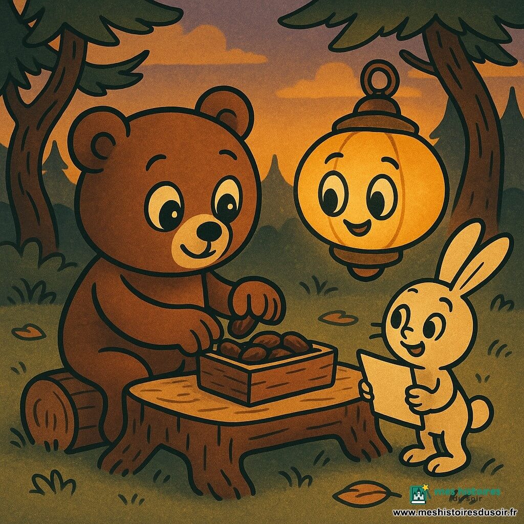 Petit ours brun rond et pelucheux nommé Moumou, expression douce, yeux brillants, déposant délicatement des dattes dans une petite boîte en bois sur une table basse en rondins; une lanterne ronde couleur miel au visage souriant flotte au‑dessus et diffuse une lumière dorée; un petit lapin blanc aux longues oreilles, curieux et joyeux, tient une feuille propre à côté de la table; clairière entourée de pins sinueux, herbe verte, ciel de coucher de soleil orangé et violet, ambiance du soir avant le repas du Ramadan, calme et chaleureuse, composition centrée, style cartoon rétro aux formes arrondies et couleurs chaudes aux contrastes doux.
