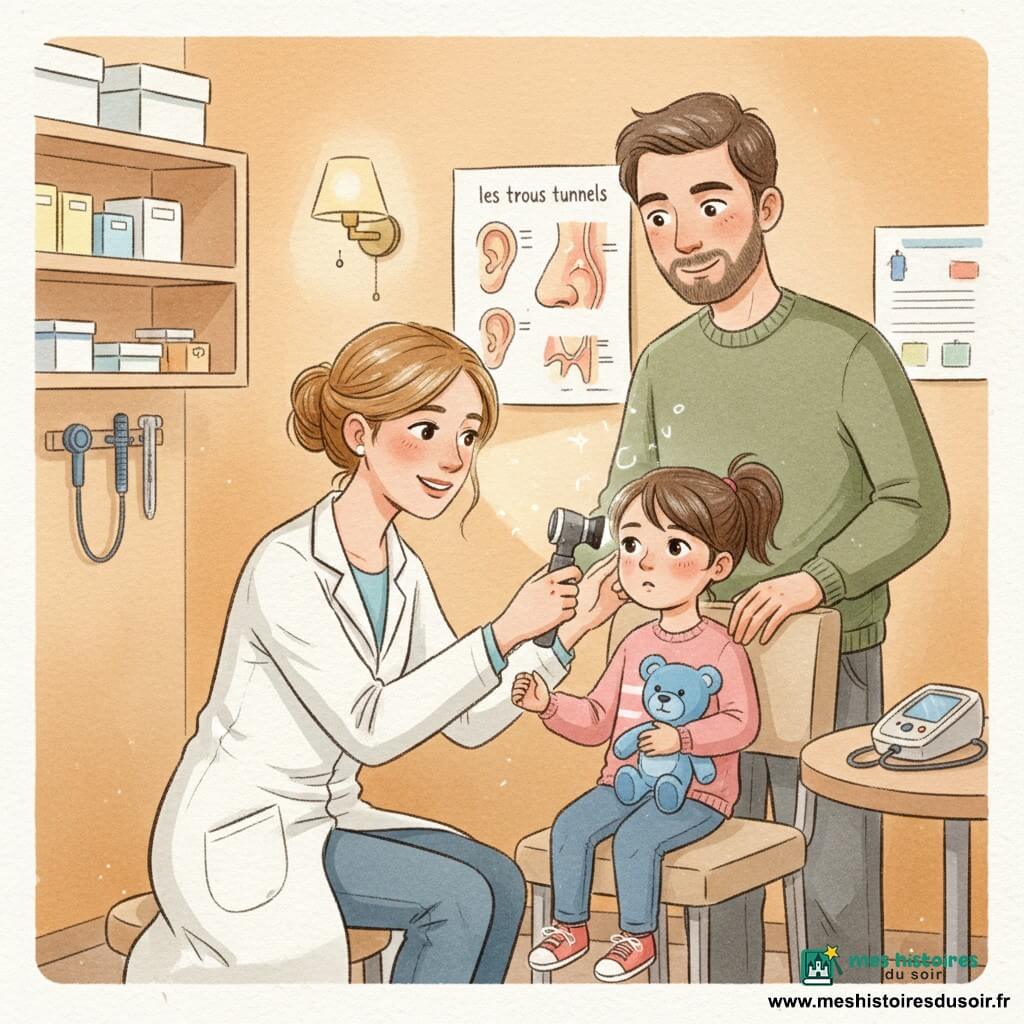 La docteure Lina, visage doux et souriant, chignon lâche et blouse blanche, s’agenouille pour examiner l’oreille de Zoé (8 ans) avec un otoscope lumineux; Zoé, cheveux bruns en couette, serre son doudou bleu et tend la main vers son père, qui se tient derrière la chaise, main sur son épaule et sourire rassurant. La petite salle aux murs couleur miel, étagères en bois clair, lampe chaude et affiche pédagogique crée une atmosphère tamisée, chaleureuse et rassurante, avec textures aquarelle et reflets blancs sur les instruments.
