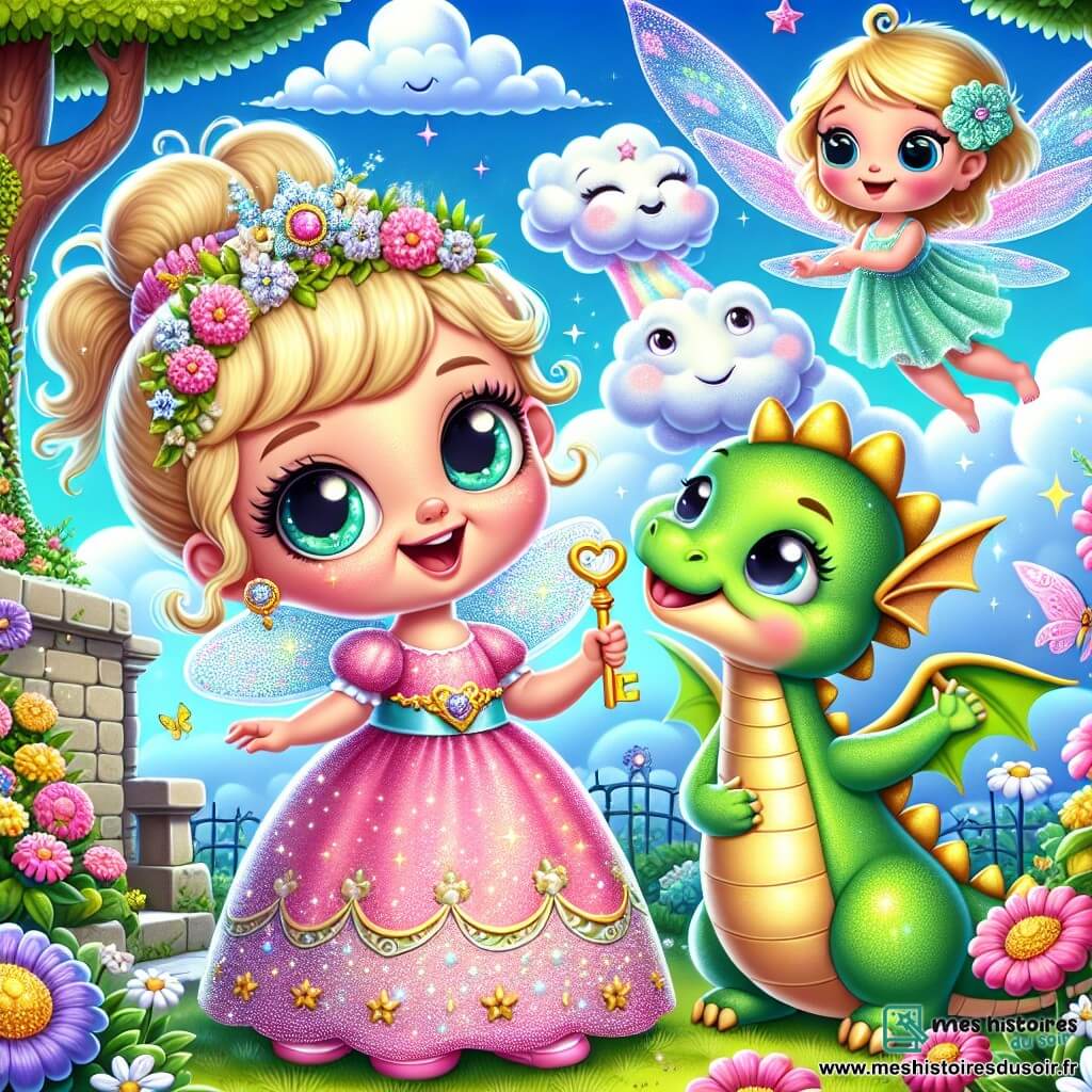 Une petite princesse, Lila, avec de grands yeux brillants et des cheveux dorés, se tient joyeusement dans un jardin fleuri. Elle porte une robe rose scintillante ornée de petites étoiles et sourit émerveillée. À ses côtés, un dragon gentil aux écailles vertes souffle un nuage doux avec un regard amical. La fée des nuages, délicate avec des ailes roses translucides, flotte au-dessus d'eux, souriante. Le jardin est rempli de fleurs colorées, de papillons et d'un grand arbre majestueux avec un petit banc en bois. Le ciel est bleu éclatant avec des nuages cotonneux. Lila tient une clé d'or brillante, entourée de ses amis, le dragon et la fée, prêts pour une aventure magique.