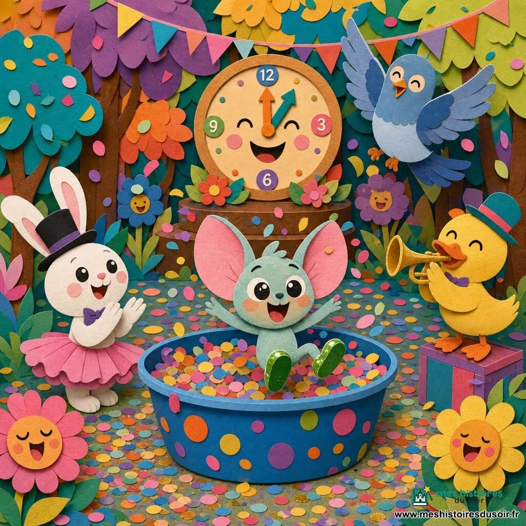 Glouglou, petite créature aux grandes oreilles roses et yeux pétillants, porte une chaussure verte brillante et tombe en riant dans une bassine de confettis; Pipo le pigeon bleu bat des ailes en souriant au-dessus; un petit lapin blanc en tutu et chapeau haut-de-forme applaudit à gauche; un canard jaune joue de la trompette à droite sur une caisse colorée; au fond, une grosse horloge ronde en bois peint sourit sur une estrade fleurie; la forêt multicolore aux feuilles en papier, fleurs chantantes et guirlandes encadre la scène, sol couvert de confettis et paillettes; ambiance loufoque, festive et joyeuse, couleurs vives, formes simples et textures papier.