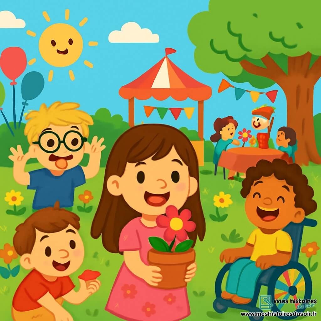 Il y a 4 enfants : Léa, 8 ans, avec de longs cheveux bruns et une robe rose à fleurs, tient un pot de fleurs et sourit. Max, 7 ans, a des cheveux blonds en bataille, des lunettes rondes, un t-shirt bleu et un short vert, et fait une grimace. Sam, 6 ans, avec des cheveux châtains, porte un t-shirt rouge et ramasse des cailloux en forme de cœur. Zoé, 7 ans, avec des cheveux bouclés, est dans un fauteuil roulant décoré, porte une blouse jaune et rit aux blagues de Sam. L'histoire se déroule dans un parc coloré avec des fleurs, des ballons et des familles rassemblées. Léa, entourée de ses amis, tient un pot de fleurs qu'elle a offert à sa maman, tous souriants et joyeux sous un ciel bleu.