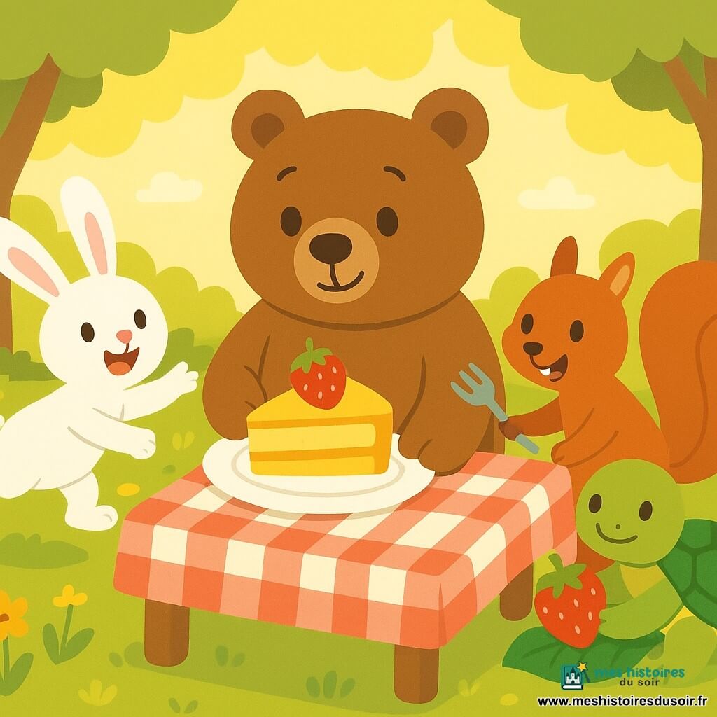 Ours brun en peluche rond tenant une assiette avec une part de gâteau doré surmontée d'une fraise, petit lapin blanc sautant à gauche pour aider, écureuil roux tenant une fourchette sur la table, tortue verte à droite tenant une feuille-coussin, le tout dans une clairière ensoleillée avec herbe et fleurs, table en bois à nappe à carreaux rouges et blancs, moment amusant où la dernière fraise menace de rouler, composition centrée sur la part de gâteau, gestes amicaux, couleurs chaudes et pastels, traits simples et formes arrondies.