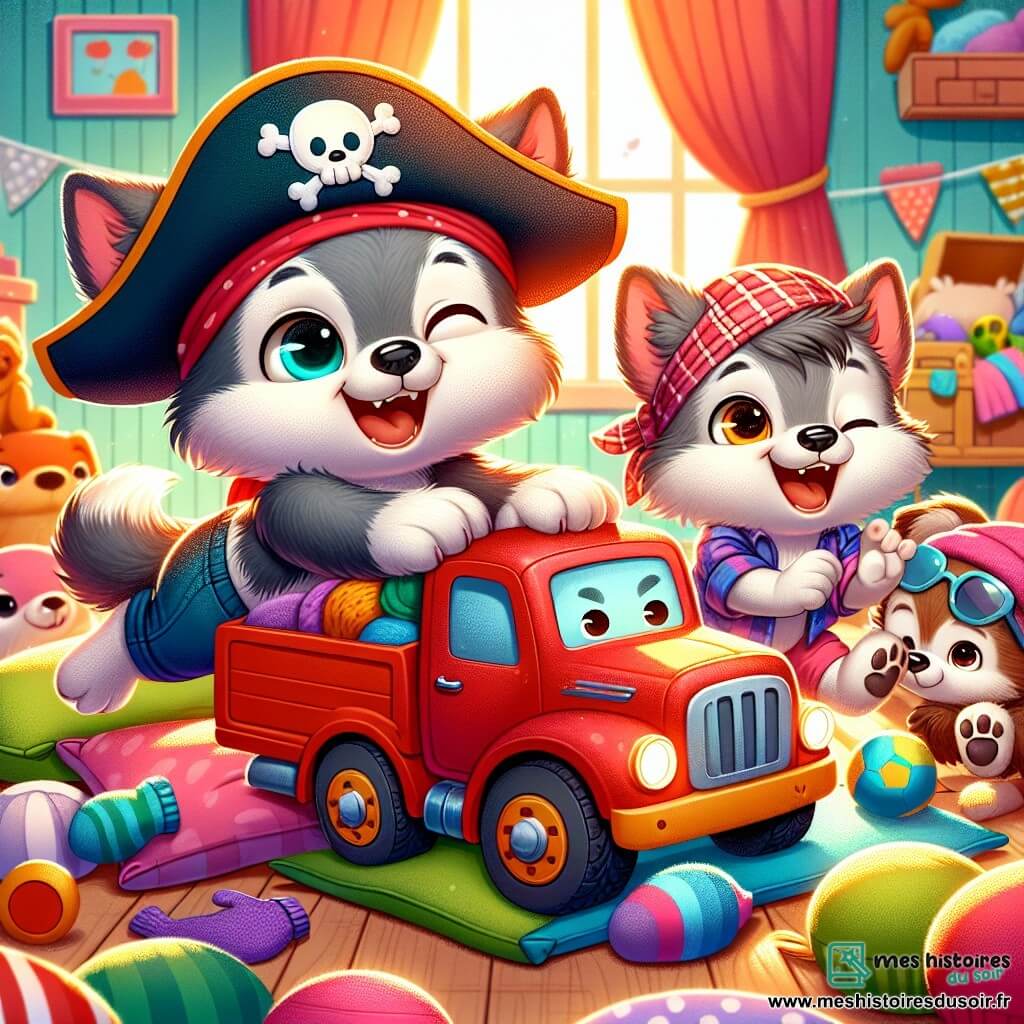Un petit loup nommé Loupi, avec un pelage gris et des yeux malicieux, porte un chapeau de pirate trop grand et sourit en poussant un camion rouge sur un pont d'oreillers. À côté, sa grande sœur Louna, avec un pelage brun clair, rit en levant les pattes comme si elle dirigeait un spectacle, tandis que son petit frère Loustic, un loup tacheté, porte des lunettes de soleil et jongle avec des chaussettes colorées. La scène se déroule dans un salon chaleureux, rempli de coussins et de jouets, où la lumière du soleil crée une ambiance joyeuse. Les trois loups s’amusent ensemble, illustrant un moment de bonheur familial.