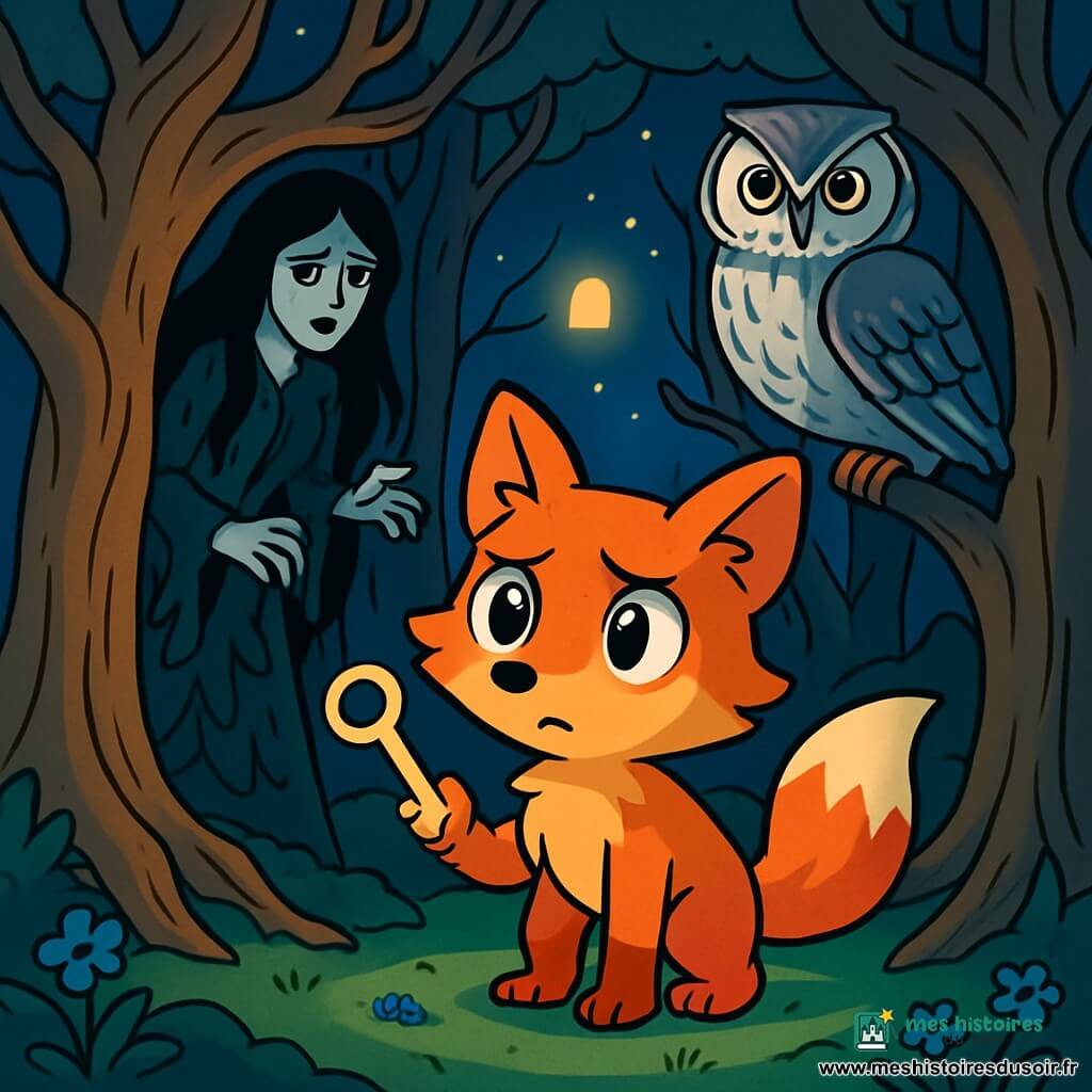 Un jeune renard au pelage roux, aux yeux déterminés, se tient dans une forêt sombre, entouré d'arbres noueux. À sa droite, une chouette aux plumes argentées l'observe, affichant sagesse et curiosité. Derrière, une sorcière aux cheveux noirs, vêtue de feuilles sombres, se tient dans l'ombre, le visage triste, tendant la main vers le renard. La scène se déroule dans une clairière enchantée, éclairée par la lune et des lanternes flottantes. Le renard, prêt à briser la malédiction de la forêt avec une clé brillante, est observé par la chouette et la sorcière, créant une tension palpable.