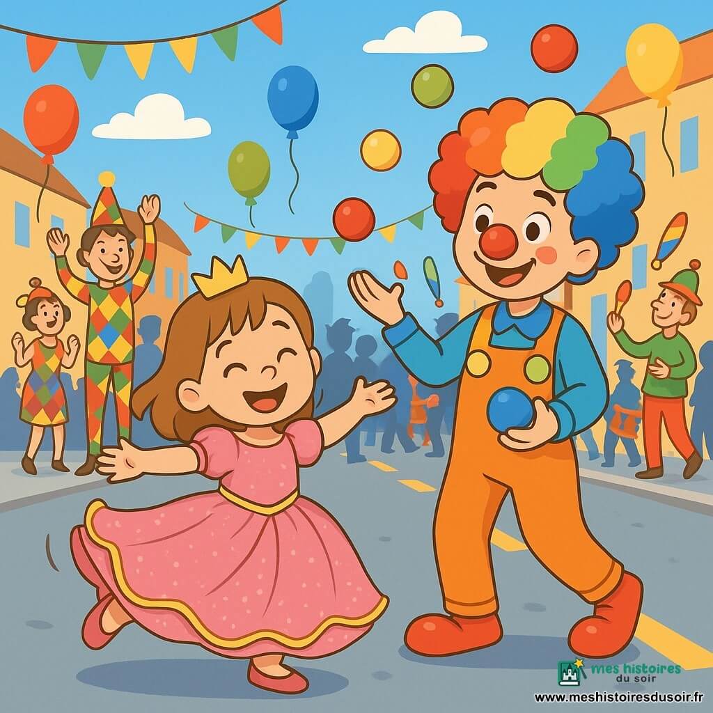 Une petite fille de 4 ans, Sarah, est pleine de joie dans sa robe de princesse rose ornée de paillettes. Ses yeux brillants et son sourire montrent son excitation alors qu'elle danse dans la rue. À ses côtés, un clown joyeux jongle avec des balles multicolores. En arrière-plan, des personnes en costumes variés, des jongleurs et des acrobates créent une ambiance festive. La scène se déroule dans une rue animée, décorée de guirlandes et de ballons, sous un ciel bleu ensoleillé. Sarah participe à la parade du carnaval, tournoyant au rythme de la fanfare.