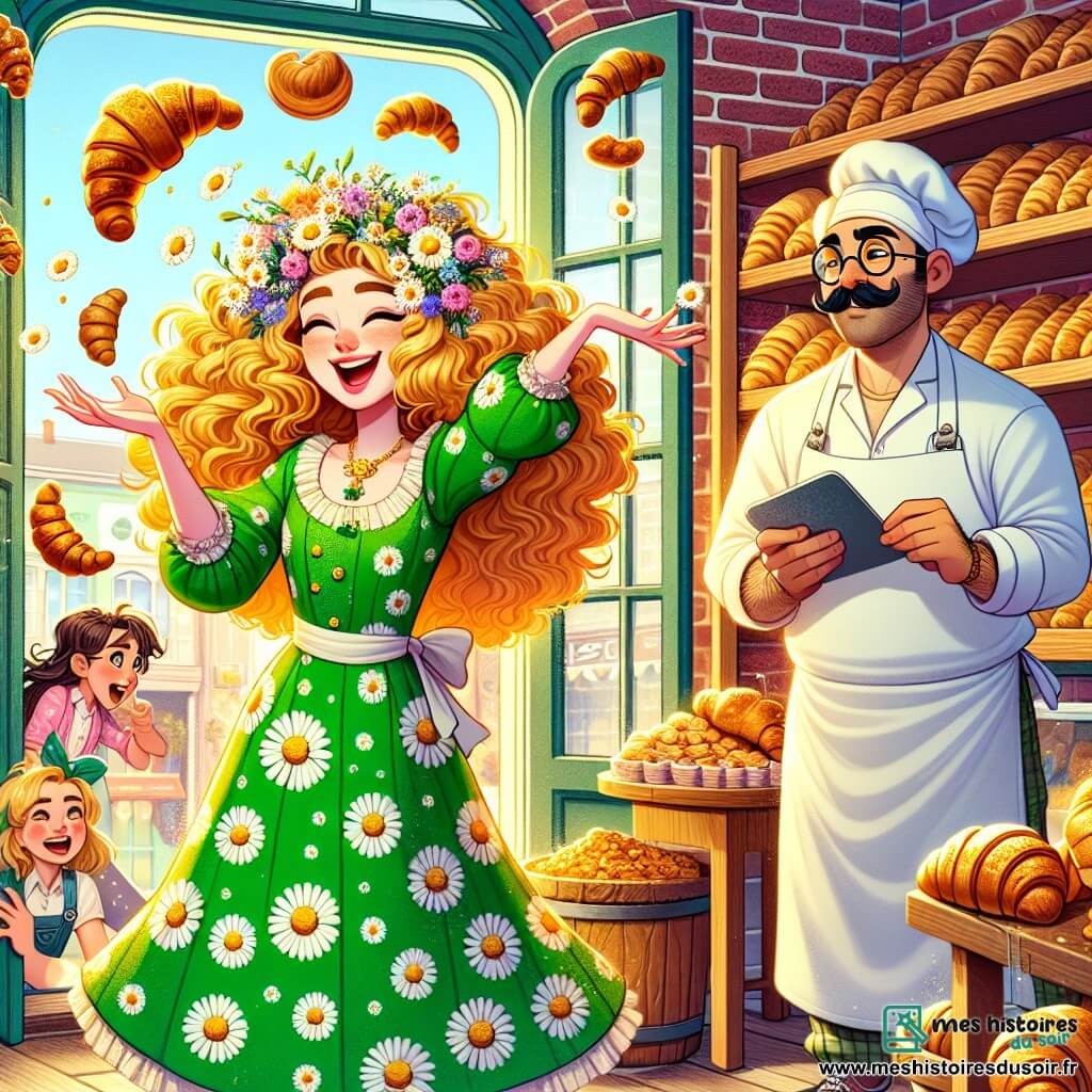Au centre de l'image, Super Camomille, une femme joyeuse d'une trentaine d'années avec des cheveux bouclés et dorés ornés de fleurs, sourit. Elle porte un costume vert vif à motifs de camomille et fait un geste magique, provoquant une pluie de croissants. À sa droite, Monsieur Croquenbotte, un homme d'une cinquantaine d'années avec une moustache et des lunettes, observe émerveillé les croissants, prêt à les attraper avec sa spatule. À sa gauche, un groupe d'enfants rit en essayant de saisir les croissants. Le décor se situe dans une boulangerie pittoresque avec des murs en briques et des étagères remplies de pains et pâtisseries. Super Camomille transforme un moment ordinaire en une fête joyeuse, apportant bonheur et rires à tous.