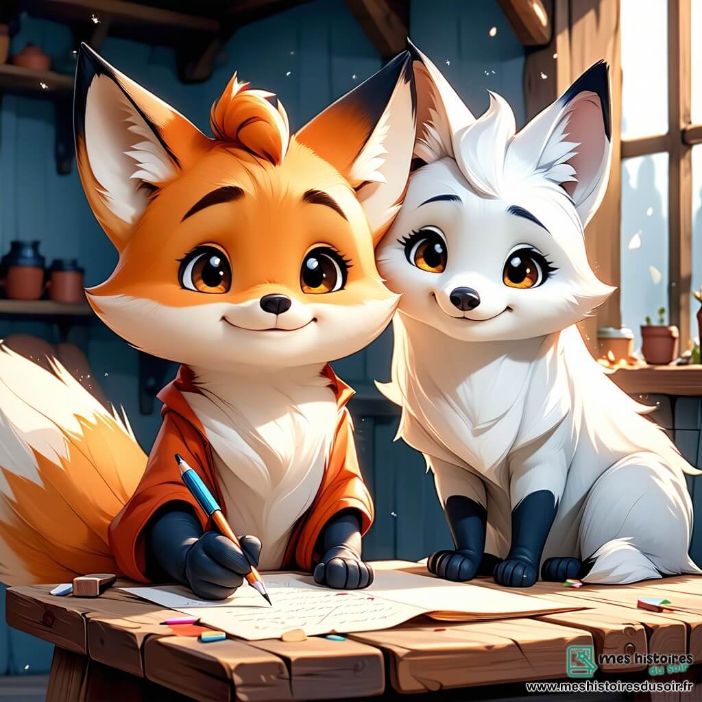 Un jeune renard nommé Félix, avec une fourrure orange et des yeux malicieux, est assis à une petite table en bois, joyeux, en train d'écrire une lettre avec une plume. Sa maman, Renarde Blanche, l'observe avec fierté, tenant un panier de baies colorées, tandis que son papa, Renard Rouge, se tient en retrait, admiratif. La scène se déroule dans une tanière douillette sous un chêne, où la lumière du soleil filtre à travers les feuilles. Félix écrit pour exprimer son amour et sa gratitude envers ses parents, symbolisant la communication et l'harmonie familiale.