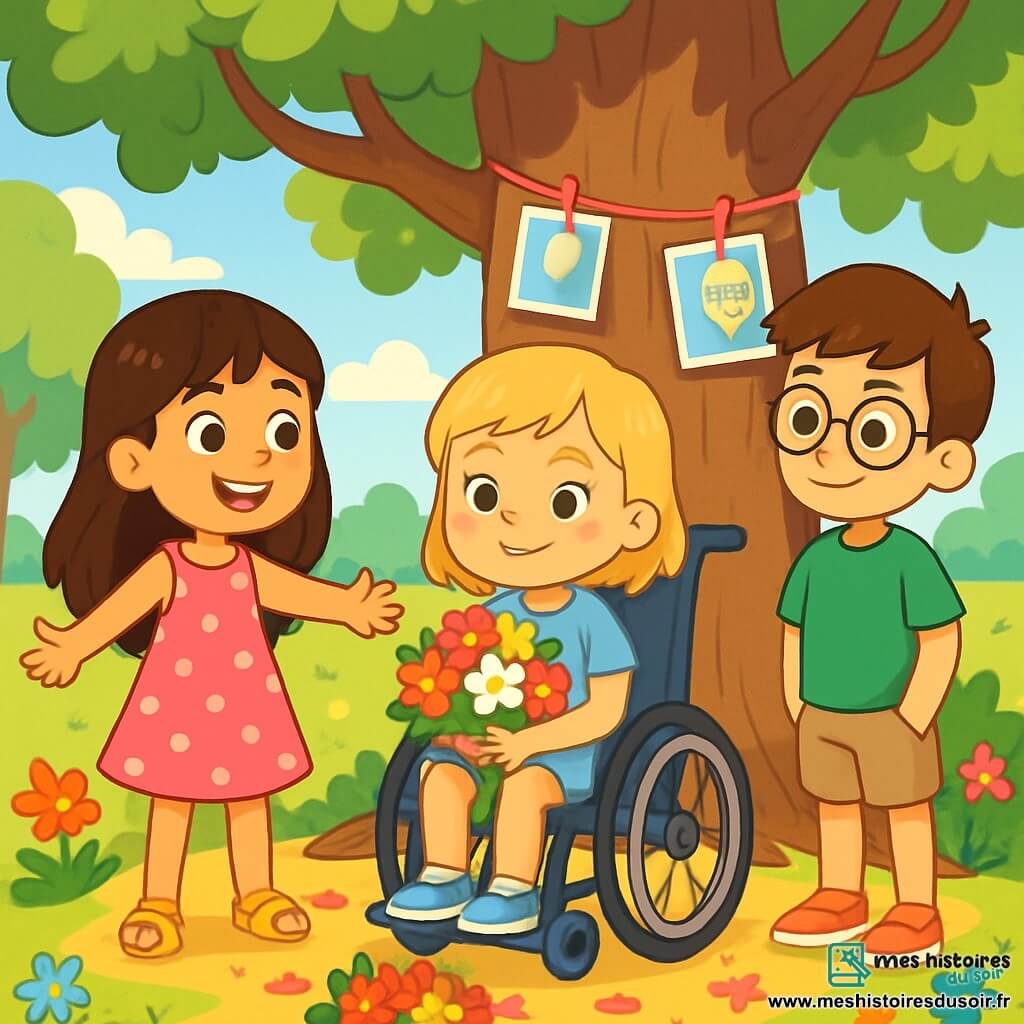 Il y a trois personnages : Lila, une fille de presque 7 ans avec de longs cheveux bruns, souriante dans une robe rose à pois blancs, prête à réconforter son amie ; Emma, également presque 7 ans, assise dans un fauteuil roulant, tenant un bouquet de fleurs, les yeux brillants de larmes mais souriante ; et Lucas, un garçon de 7 ans avec des cheveux châtains et des lunettes, affichant une expression de soutien. L'action se déroule dans un parc ensoleillé, où Emma dit au revoir à son grand-père en déposant le bouquet au pied d'un arbre, entourée de Lila et Lucas, partageant un moment d'émotion et de tendresse.