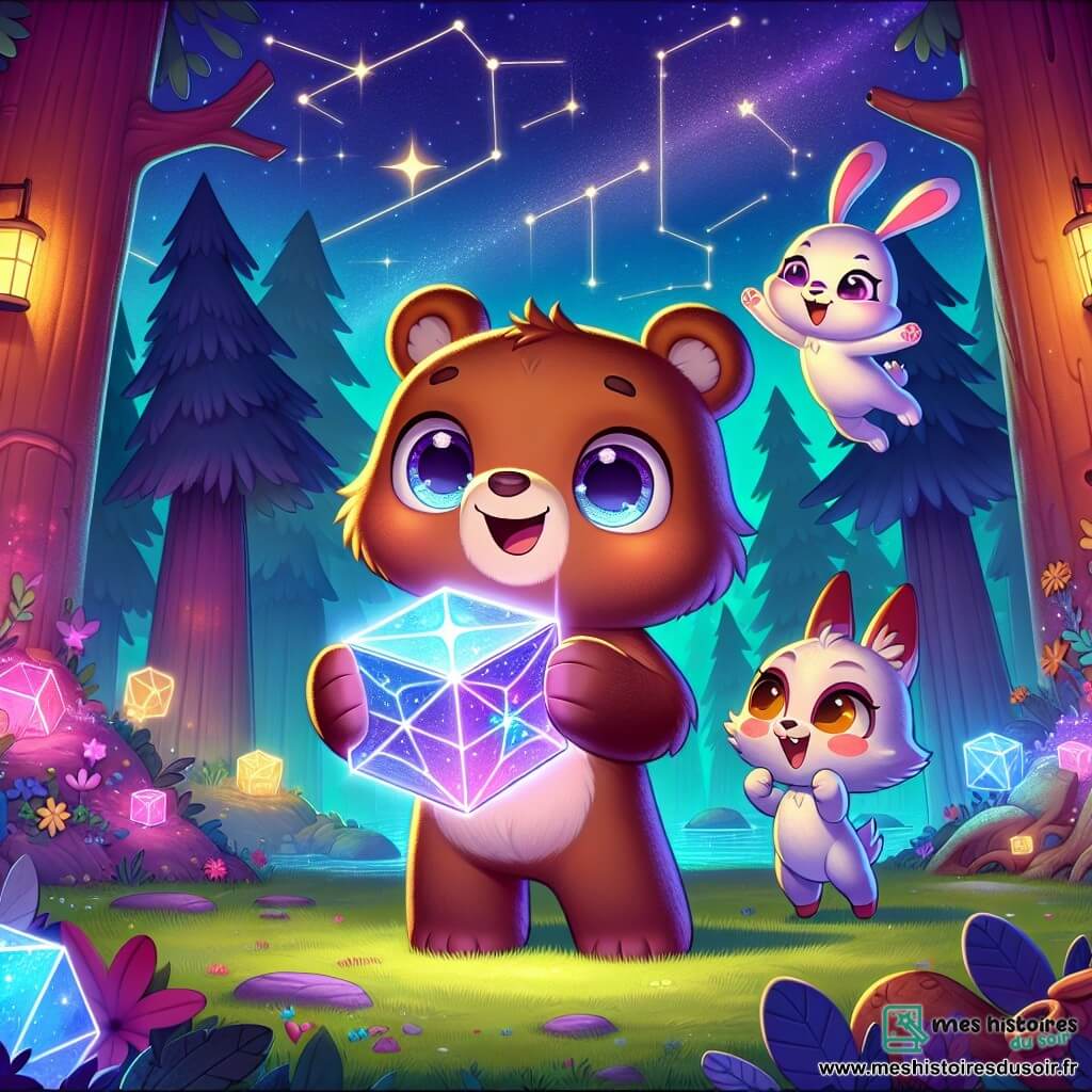 Un ours nommé Bibi, avec un pelage brun et des yeux curieux, se tient au centre de l'image, émerveillé par un cube brillant qu'il tient dans ses pattes. À ses côtés, Lila, une lapine aux grandes oreilles et au pelage blanc, saute de joie, tandis que Titi, un petit écureuil roux, grimpe sur l'épaule de Bibi avec un sourire malicieux. Le décor est une forêt enchantée, remplie d'arbres colorés et de fleurs lumineuses, sous un ciel étoilé. Bibi, Lila et Titi découvrent le cube mystérieux, entourés d'une aura de magie et d'aventure, prêts à déchiffrer un message extraterrestre.