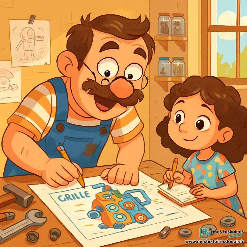 Un homme, Monsieur Gustave, est au centre de l'image, avec une moustache frétillante et des lunettes rondes. Il sourit et porte une salopette bleue pleine de taches d'huile et un t-shirt rayé, penché sur une table de travail en bois avec des outils et des pièces de métal, dessinant des plans pour son invention. À côté de lui, sa nièce Lila, 8 ans, aux cheveux bouclés, observe avec curiosité, vêtue d'une robe à fleurs et tenant un crayon. L'atelier est chaotique mais chaleureux, avec des murs couverts de croquis et des étagères remplies d'outils. Gustave, en pleine réflexion, imagine son Grille-Pain à Chaussures, une machine colorée, tandis que Lila l'encourage avec enthousiasme.