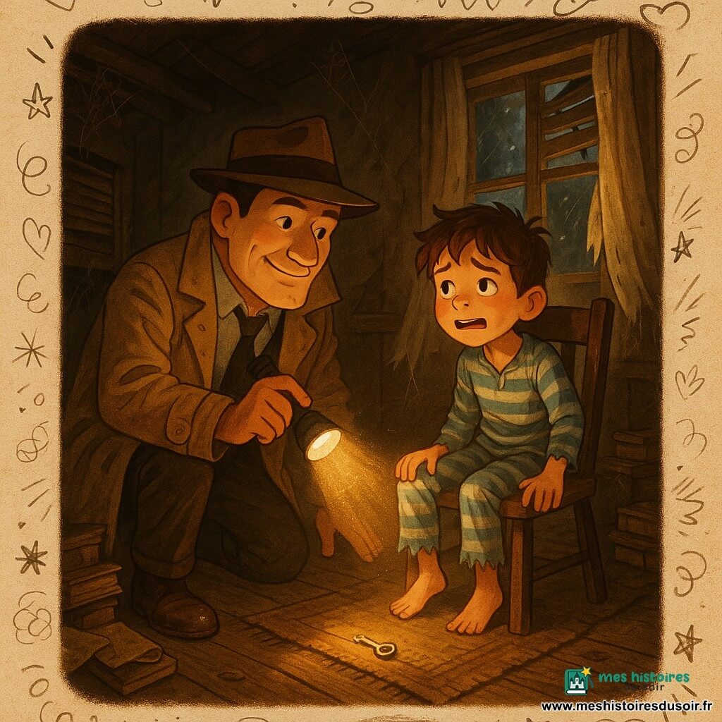 Victor, détective souriant mais concentré, visage carré, fedora brun et trench beige froissé, éclaire d'une lampe une maison abandonnée poussiéreuse aux planchers craquelés et volets brisés pendant qu'il libère Lucas, garçon d'environ 9 ans aux cheveux bruns ébouriffés en pyjama rayé déchiré, assis, tremblant mais soulagé sur une chaise en bois ; la pièce montre toiles d'araignée, piles de vieux livres, fenêtre entrouverte avec rideau déchiré, rayons de lumière poussiéreux, une petite clé en argent tombée près d'un tapis usé, ambiance mystérieuse et rassurante aux tons chauds et bruns ponctués de jaunes lumineux.