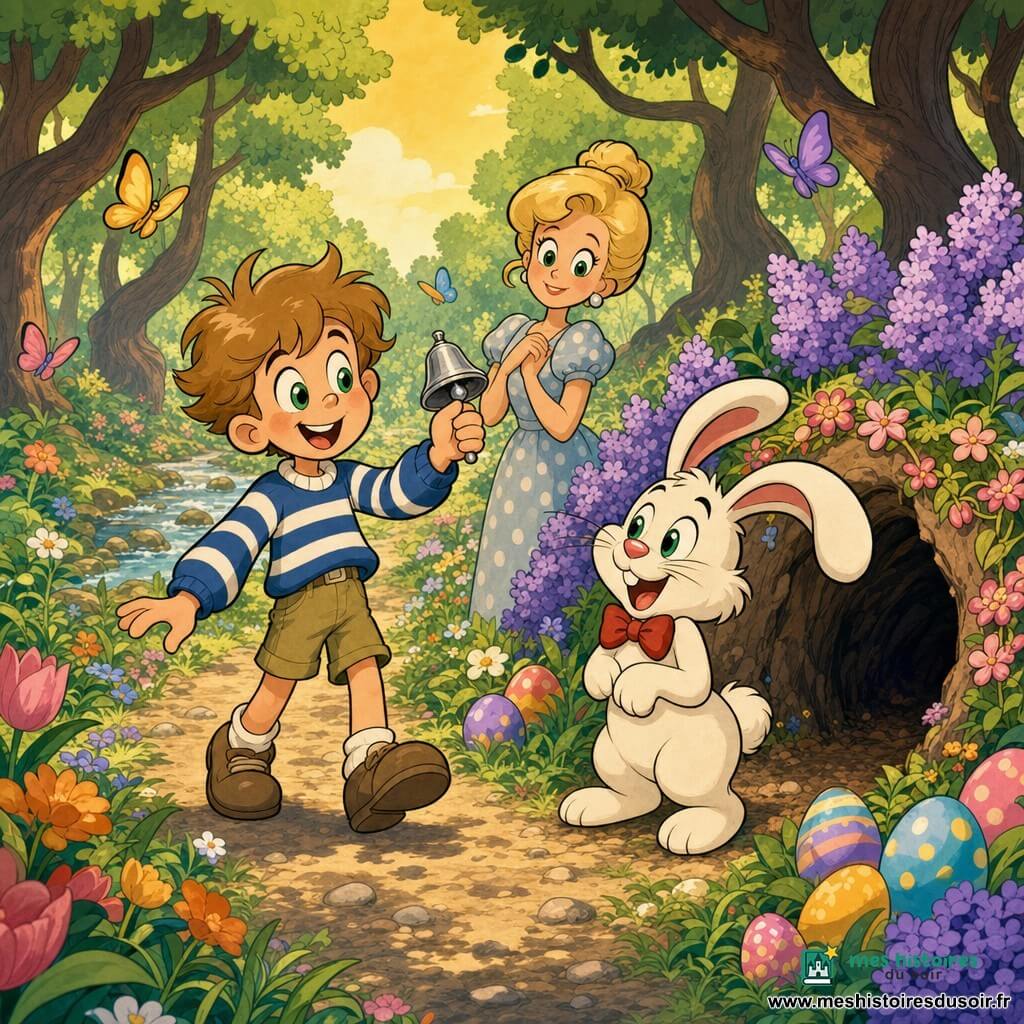 Un garçon de 8 ans, émerveillé, cheveux châtain clair en bataille, yeux verts, pull bleu à rayures blanches et short kaki, tient une petite cloche en argent dans la main droite et sourit; à sa droite, Lapinou, un lapin blanc debout sur ses pattes arrière avec nœud papillon rouge, grandes oreilles souples et pelage duveteux, le regarde devant l'entrée d'un terrier fleuri où des œufs colorés sont disposés; la mère, vers 34 ans, cheveux blonds en chignon et robe à pois, se tient rassurante à quelques pas; lieu : bord de forêt au printemps, sentier étroit bordé de fleurs multicolores, arbres aux troncs courbés, lumière dorée du matin, petits papillons et ruisseau en arrière-plan; ambiance joyeuse et magique, cloche scintillante, palette pastel saturée, contours noirs épais, textures lisses et formes arrondies.