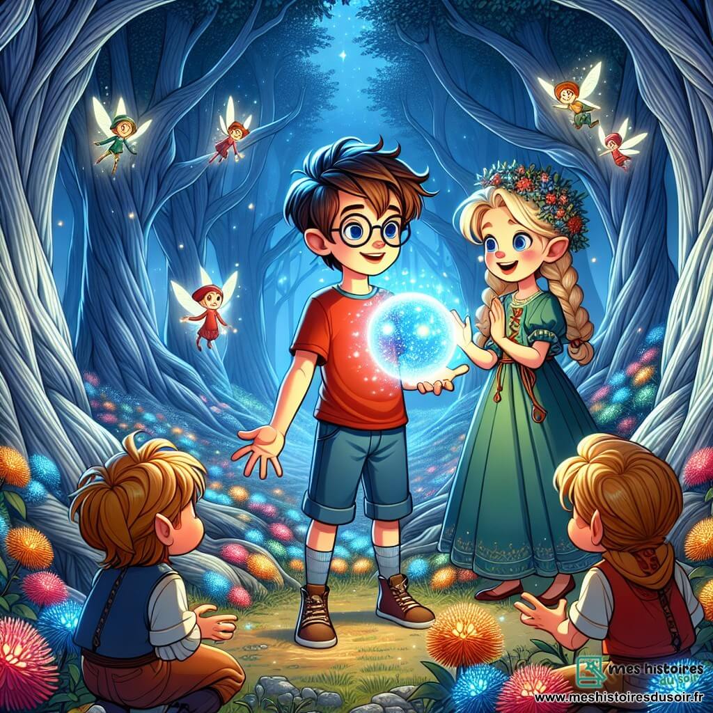 Léo, un garçon de 10 ans avec des cheveux en bataille et des lunettes rondes, se tient à gauche, tenant une sphère magique lumineuse. À ses côtés, Mia, une fille de 9 ans avec des tresses dorées, regarde la sphère avec émerveillement. Ils sont dans la Forêt Enchantée, un lieu magique avec des arbres aux troncs argentés et des fleurs luminescentes. Léo et Mia montrent la sphère à un groupe de Naturiens, des elfes curieux, tandis que la lumière de la sphère crée une atmosphère de magie et d'harmonie, symbolisant l'union entre technologie et nature.