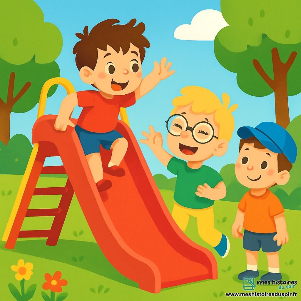 Il y a trois garçons de 4 ans : Léo, avec des cheveux bruns en bataille, un t-shirt rouge et un short bleu, grimpe sur une grande glissade rouge ; Max, avec des cheveux blonds et des lunettes rondes, vêtu d’un t-shirt vert et d’un pantalon jaune, se tient à côté de lui, riant et prêt à sauter ; et Tom, avec des cheveux châtains et une casquette bleue, en t-shirt orange et short gris, observe la glissade avec un sourire hésitant. L'action se déroule dans un parc ensoleillé, avec une glissade rouge, de l'herbe verte et des fleurs colorées, sous un ciel bleu clair. Les trois amis montrent des visages joyeux et excités, prêts à glisser ensemble.