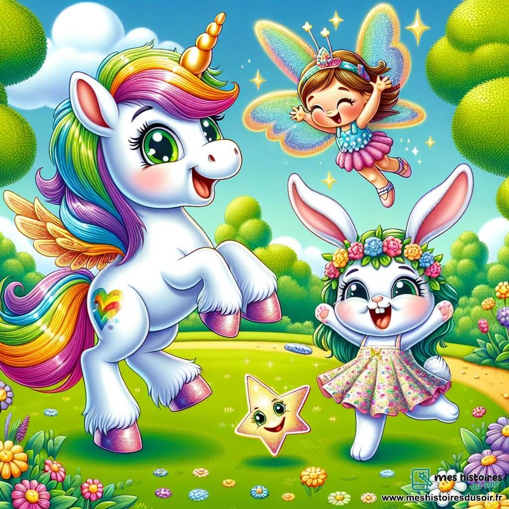 Un personnage principal est une licorne aux couleurs de l'arc-en-ciel, avec une crinière flamboyante et des yeux brillants, souriant tout en sautant dans un parc verdoyant. À côté, une petite fée aux ailes scintillantes, vêtue d'une robe fleurie, tient une étoile en papier. Un lapin aux longues oreilles bondit autour d'eux, riant de bonheur. Le parc est ensoleillé, rempli de fleurs colorées et d'arbres majestueux, avec un ciel bleu parsemé de nuages blancs. Les trois amis célèbrent leur chasse au trésor, entourés de petites étoiles en papier, symbolisant leur amitié joyeuse.