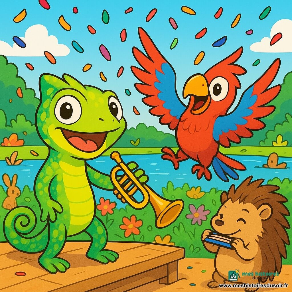 Un petit caméléon nommé Ziggy, aux écailles vertes et jaunes, se tient sur une scène près d'un lac scintillant. Il sourit joyeusement en dirigeant une fanfare d'animaux. À ses côtés, un perroquet aux plumes rouges et bleues, Rico, bat des ailes avec bonheur. Un hérisson, Piko, joue de l'harmonica, fier de sa prestation. En arrière-plan, le lac est entouré de fleurs colorées et d'animaux curieux, tous captivés par la musique. Des confettis multicolores tombent du ciel, créant une ambiance festive. Ziggy et ses amis jouent ensemble, unis par la musique.