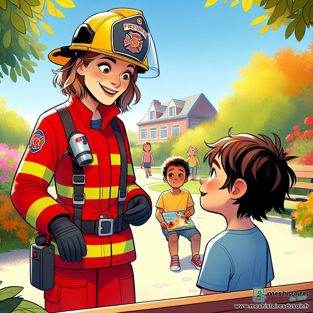 Clara, une femme pompier d'une trentaine d'années, se tient fièrement au centre de l'image, vêtue d'une tenue de pompier rouge et d'un casque brillant. Elle sourit à Maxime, un garçon d'environ 8 ans, qui admire Clara tout en tenant un petit livre sur les pompiers. La scène se déroule dans un parc ensoleillé de Saint-Éloi, entouré d'arbres et de fleurs, avec des enfants jouant en arrière-plan. Clara explique à Maxime les techniques de lutte contre les incendies, partageant sa passion dans une ambiance joyeuse d'été.
