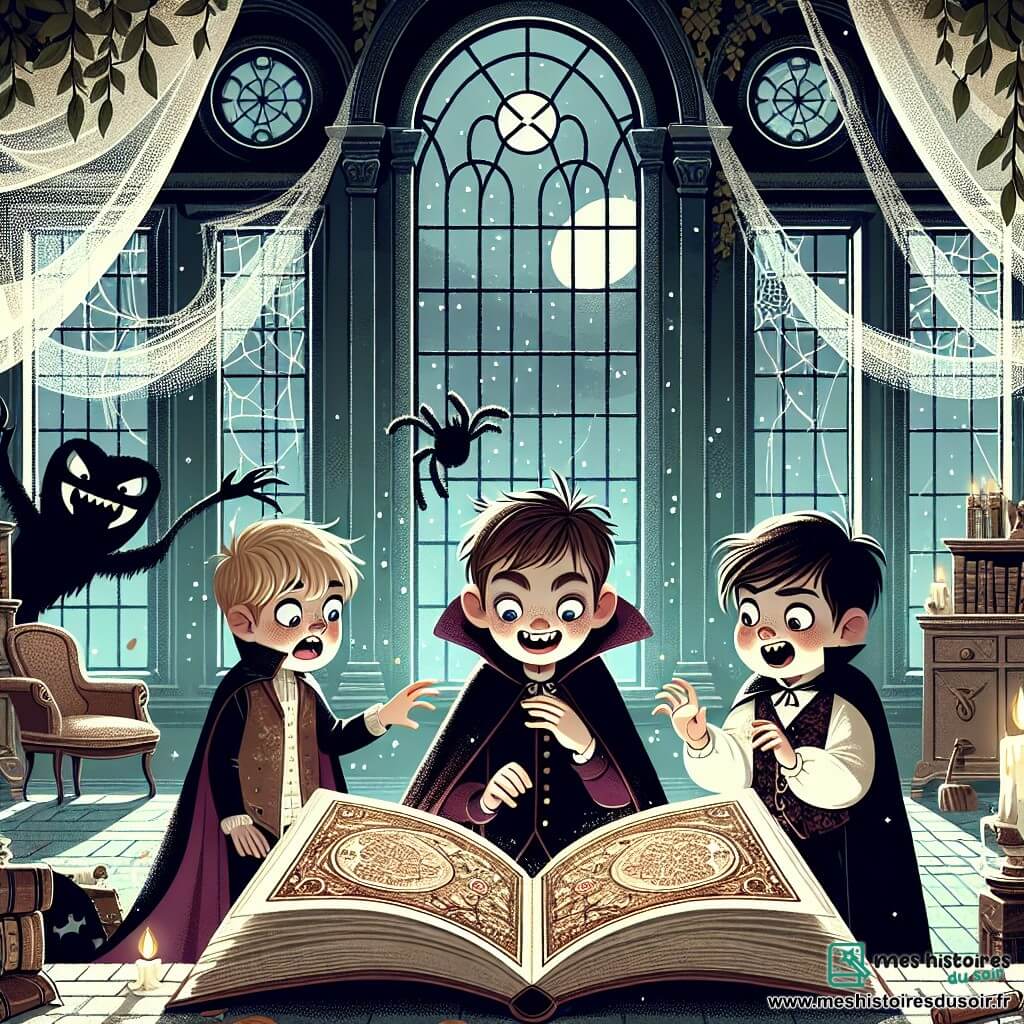 Antoine, un garçon de 11 ans, se tient au centre de l'image en costume de vampire, tenant un vieux grimoire ouvert. À ses côtés, Lucas, 10 ans, montre une expression d'inquiétude, tandis que Sophie, 11 ans, sourit bravement. Le décor est un vieux manoir abandonné, avec des murs couverts de lierre et des meubles recouverts de draps blancs. Ils découvrent le grimoire magique dans une atmosphère mystérieuse, accompagnés de Mortimer, le gardien des secrets d'Halloween, qui est prêt à leur proposer des défis.