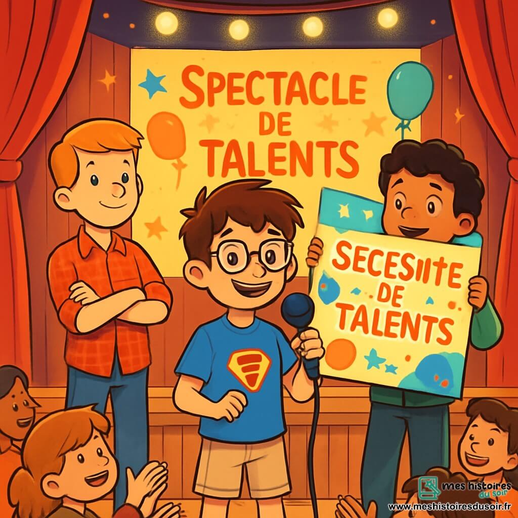 Il y a trois personnages : Théo, un garçon de 12 ans avec des cheveux bruns en bataille, des lunettes rondes, un t-shirt bleu et un short beige, qui se tient au centre avec un micro. À gauche, Jules, également âgé de 12 ans, a des cheveux blonds courts, porte une chemise à carreaux rouges et un jean, et affiche un air confiant. À droite, Maxime, avec des cheveux noirs bouclés, est vêtu d'un sweat à capuche vert et d'un pantalon de sport, tenant une grande affiche colorée. La scène se déroule dans un auditorium scolaire coloré, avec des élèves applaudissant. Théo parle au micro, tandis que Jules et Maxime l'encouragent. L'atmosphère est joyeuse et énergique, illustrant la confiance en soi et l'amitié.