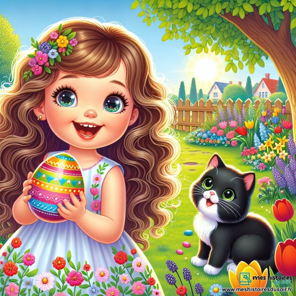 Une petite fille de 4 ans, Lila, avec de longs cheveux bouclés et des yeux pétillants, se tient au centre de l'image, tenant un œuf de Pâques coloré. Elle porte une robe légère à fleurs et sourit, montrant son excitation. À côté d'elle, son chat noir, Mimi, aux yeux verts, est assis sur l'herbe, la regardant avec curiosité. En arrière-plan, le jardin de la ferme est rempli de fleurs éclatantes sous un ciel ensoleillé, avec un grand arbre à droite offrant de l'ombre. Lila découvre un œuf de Pâques magique, émerveillée, tandis que Mimi l'observe, créant une atmosphère joyeuse pour célébrer Pâques.