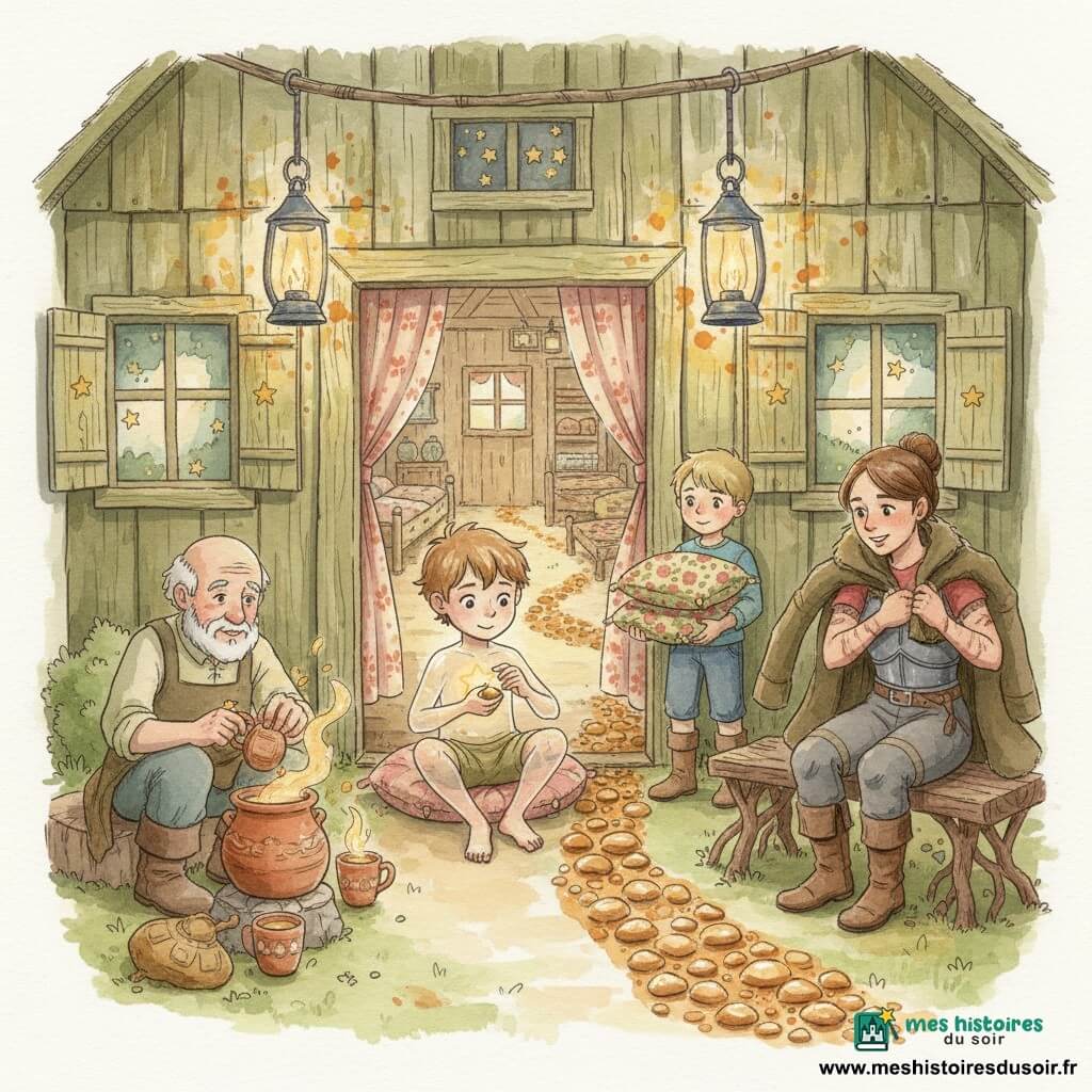 Le Petit Poucet, petit garçon à la peau presque translucide et à la petite étoile jaune pâle sur la poitrine, assis sur un coussin de racines, dépose délicatement un caillou d'argile doré sur un sentier; cheveux châtain clair, yeux grands et curieux, expression douce et déterminée, mains fines tenant le caillou; à droite une femme guerrière d'environ 30 ans aux bras cicatrisés, assise sur un banc de racines, retire son manteau en souriant; à gauche un vieil homme jardinier d'environ 70 ans accroupi près d'une marmite de tisane verse l'infusion dans des tasses en terre cuite; derrière la guerrière un garçonnet d'environ 8 ans apporte des coussins fleuris à la table commune; lieu : entrée d'une auberge improvisée dans une vieille grange transformée, murs en bois patiné, volets peints d'étoiles, lanternes diffusant une lumière ambrée; au premier plan, un chemin de petits cailloux d'argile cuite forme une traînée dorée menant à la porte ouverte où l'on aperçoit des lits tressés et des rideaux fleuris; scène centrale : le Petit Poucet offre un caillou-invitation tandis que les héros se reposent, gestes simples — poser un manteau, verser une tisane, apporter un coussin — dans une atmosphère chaleureuse; palette aquarelle douce (ocres, verts mousse, ambres, roses fanés) avec éclaboussures autour des lanternes et des feuilles; style : lignes légères, texture papier visible, contrastes subtils entre la transparence du garçon et les matières rugueuses du bois et de l'argile.