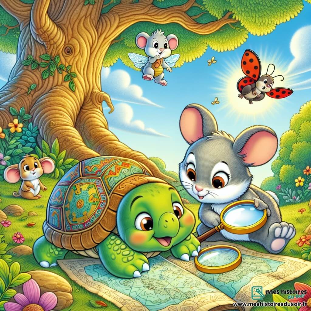 Max, une tortue curieuse avec une carapace verte et des motifs colorés, examine une vieille carte au trésor avec une loupe en or. À ses côtés, Clara, une souris malicieuse à la fourrure grise, sourit en regardant la carte, tandis que Léo, un lapin blanc, se gratte la tête, surpris. Zoé, une coccinelle rouge, vole au-dessus d'eux, ajoutant de la couleur à la scène. Ils se trouvent dans un parc ensoleillé, près d'un vieux chêne, entourés de fleurs et d'herbe verte, prêts à résoudre le mystère du trésor.