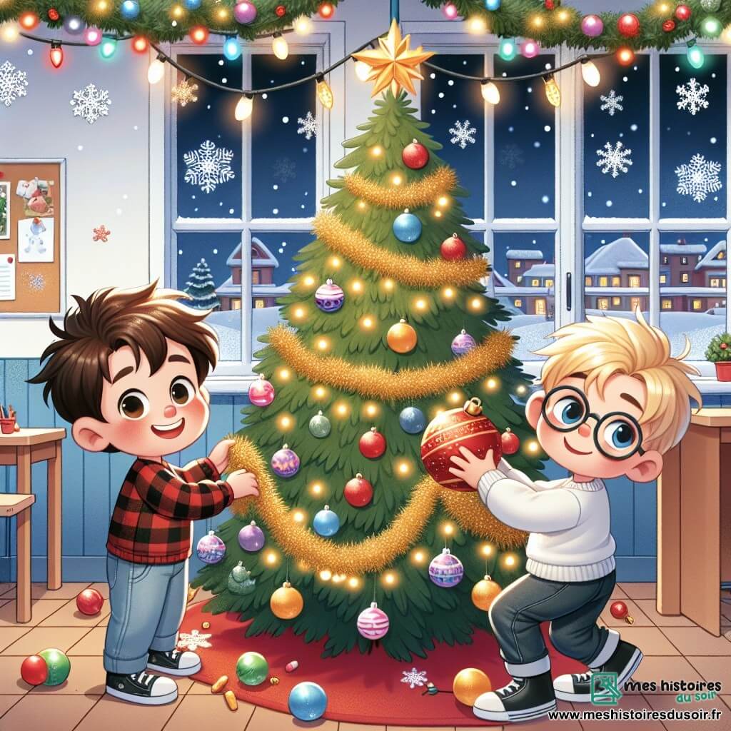 Dans une salle de classe décorée pour Noël, deux garçons, Lucas et Tom, sont au centre de l'image. Lucas, 8 ans, avec des cheveux bruns en bataille, ramasse une boule rouge brillante, tandis que Tom, 9 ans, avec des cheveux blonds et des lunettes, tient une guirlande dorée. Au fond, un sapin majestueux est décoré de boules colorées et de guirlandes scintillantes, avec des flocons de neige en papier accrochés aux murs et des lumières clignotantes. Lucas et Tom travaillent ensemble pour remettre en place les décorations après la chute du sapin, affichant des expressions de détermination et de joie.