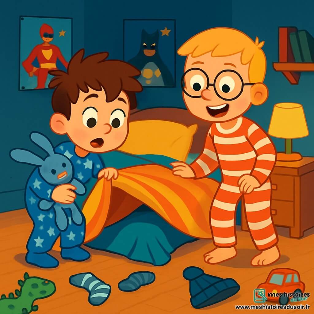 Léo et Maxence, deux garçons de 6 ans, sont dans une chambre chaleureuse. Léo, avec des cheveux bruns en bataille et un pyjama bleu, tient son doudou bleu, tandis que Maxence, aux cheveux blonds et lunettes rondes, porte un pyjama rayé rouge et blanc. Ils cherchent le doudou perdu sous la couette, Léo accroupi et surpris, et Maxence à ses côtés avec une grimace amusante. La chambre est décorée de posters de super-héros, avec des jouets au sol et une lumière douce créant une ambiance douillette. Des chaussettes et un vieux bonnet sont éparpillés autour d'eux.