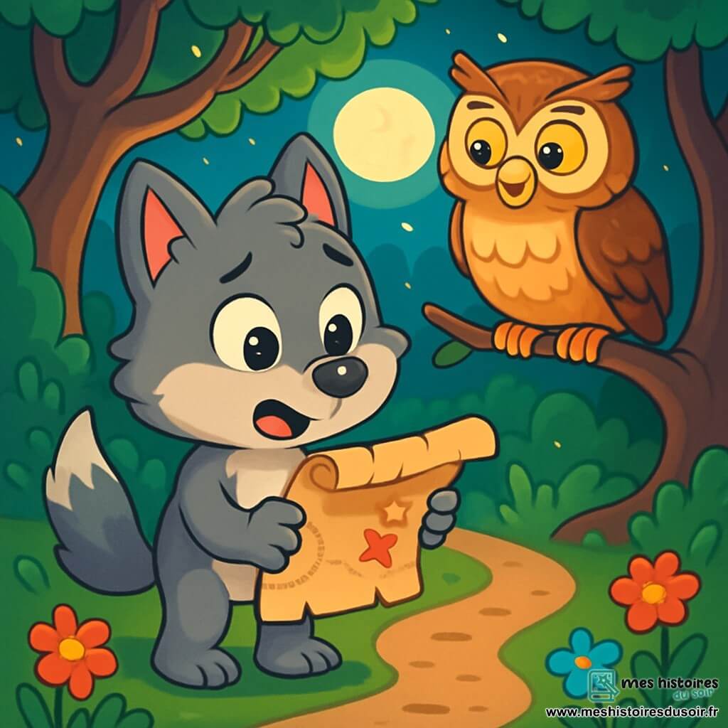 Un petit loup aux poils gris et soyeux, avec de grands yeux brillants de curiosité, tient un vieux morceau de parchemin dans ses pattes, affichant une expression d'excitation et de nervosité, au bord d'un sentier sinueux. À côté de lui, une vieille chouette aux plumes brunes et dorées, perchée sur une branche, le regarde avec un sourire sage et ses yeux pétillants de malice, prête à lui donner des conseils. La scène se déroule dans une forêt enchantée aux arbres tordus et aux feuilles lumineuses, parsemée de fleurs colorées, tandis que la lumière de la lune illumine le chemin. Loupio, déterminé, examine la carte au trésor, prêt à partir à l'aventure pour découvrir le trésor caché par les pirates.