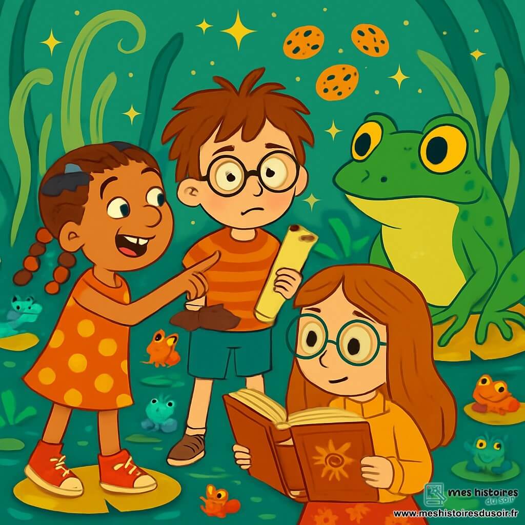 Trois personnages se trouvent dans un marais enchanté : Oscar, un garçon de 9 ans aux cheveux hirsutes et lunettes de travers, tient un parchemin et semble intrigué ; Zoé, une fille souriante avec des tresses multicolores, pointe une grenouille géante ; Léonie, également âgée de 9 ans, lit un livre ancien. Le marais est rempli de grenouilles colorées, de nénuphars dorés et d'algues chantantes. Les amis font face à la grenouille géante qui leur pose une énigme, prêts à relever le défi.