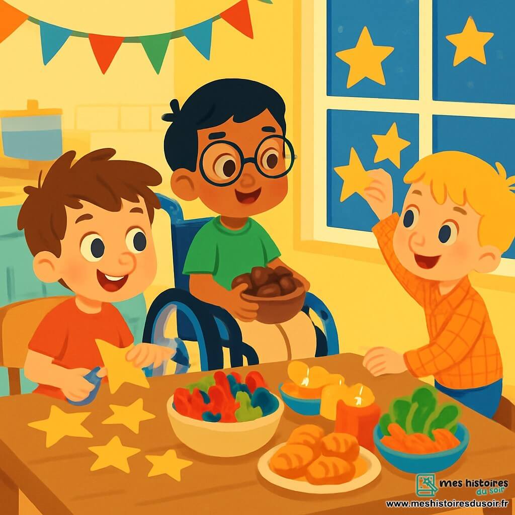 Trois personnages sont présents : Rémi, 7 ans, cheveux bruns en bataille, souriant, découpe des étoiles en papier, vêtu d'un t-shirt rouge et d'un short bleu ; Sami, 8 ans, cheveux noirs, lunettes, assis dans sa chaise roulante, avec un t-shirt vert et un pantalon beige, tenant un bol de dattes ; Louis, 7 ans, cheveux blonds, taches de rousseur, accroupi à côté de Rémi, collant des étoiles sur la fenêtre, vêtu d'une chemise à carreaux et d'un jean. L'action se déroule dans une cuisine colorée avec des murs jaunes pastel, une table chargée de plats variés et des guirlandes de papier. Les amis préparent ensemble une fête du Ramadan, joyeux et complices, partageant rires et histoires.