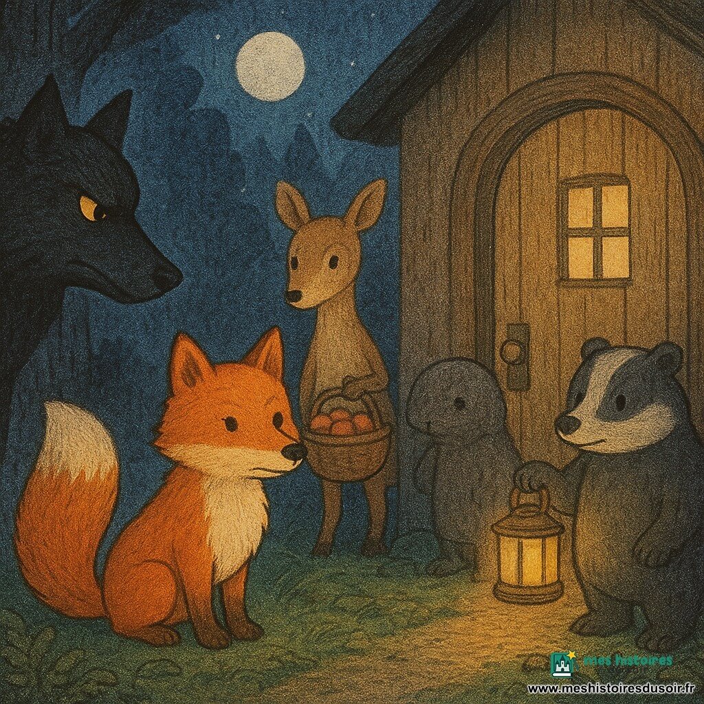 Roux-Minute, petit renard au pelage dense et à la grande queue en panache, se tient calme et déterminé devant une porte en bois pour la bloquer et protéger une petite maison ronde tandis que ses voisins arrivent en file : un blaireau trapu tient une lanterne dorée derrière lui, une biche pâle porte un panier de pommes à l’arrière-plan, et un petit castor serre une couverture dans l’encadrement ; le grand méchant loup, massif au pelage gris foncé, reste à la lisière gauche dans l’ombre, menaçant mais hésitant et reculant vers les buissons ; scène nocturne aux contrastes forts entre l’orange chaud des personnages et le bleu froid du ciel, mousse, champignons et fougères au sol, fenêtre éclairée, textures légèrement grainées.